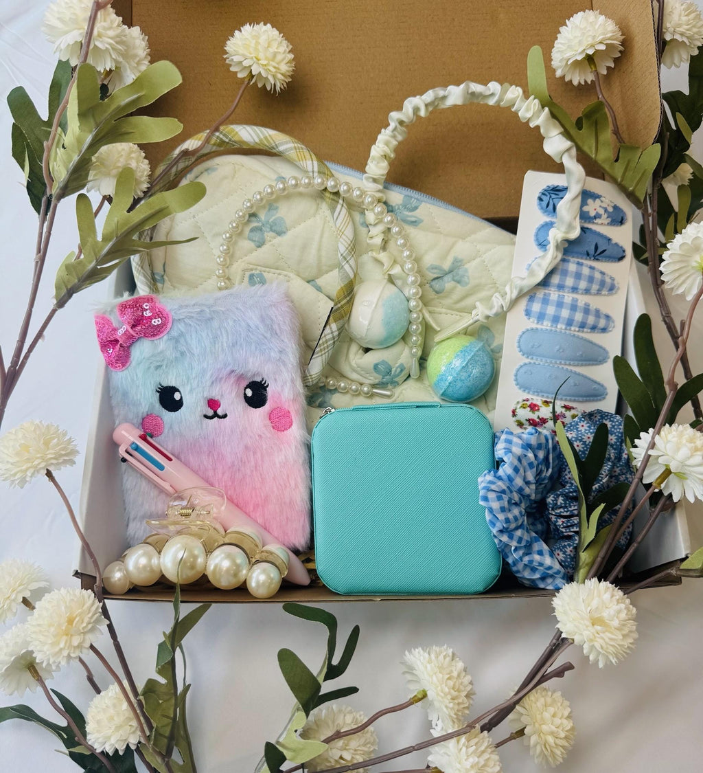 Whimsical Blue & Pastel Girls Gift Box – Cute Accessories, Plush Notebook, Hair Scrunchies