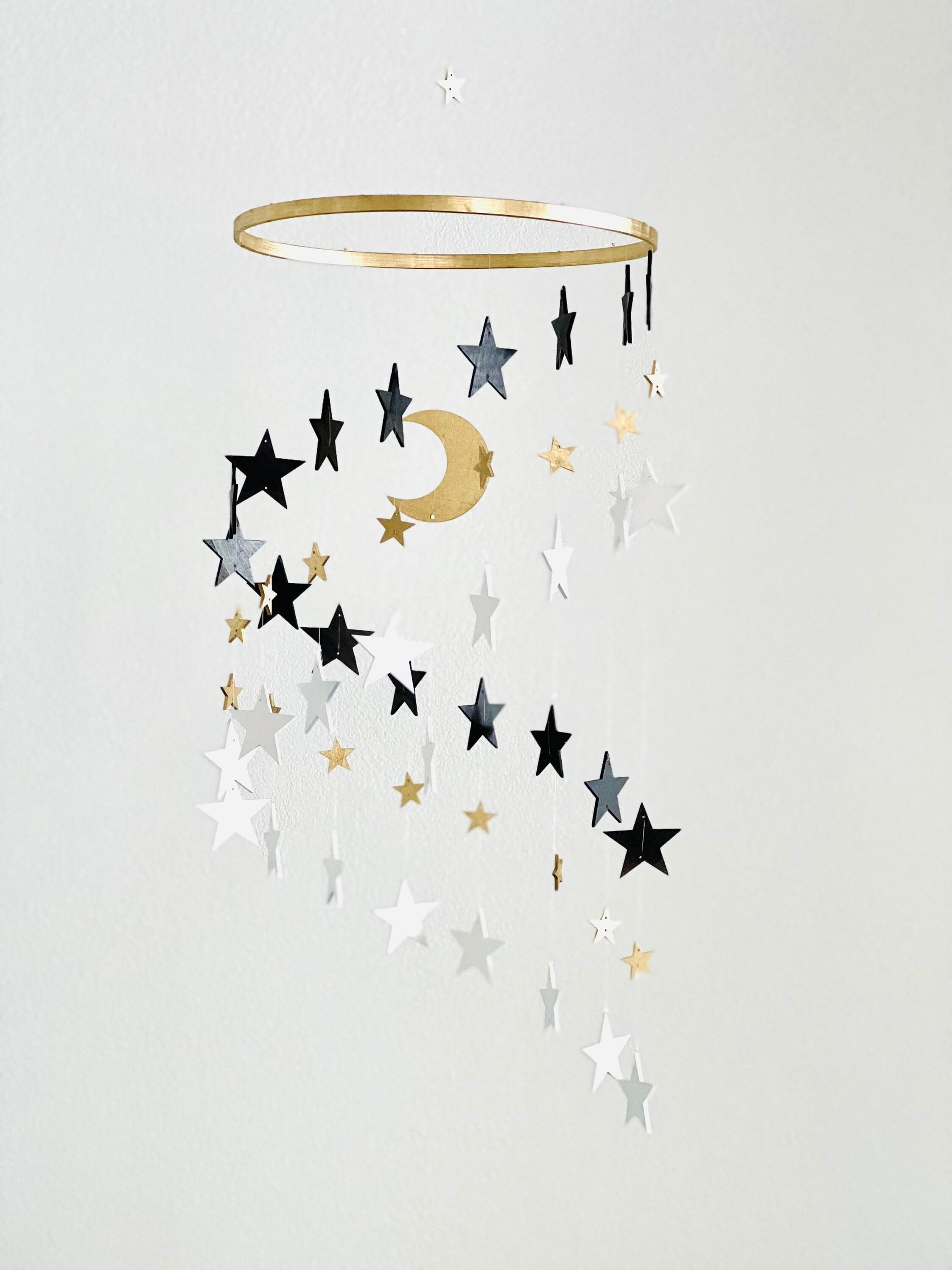 Gold and black and white stars baby mobile, wood stars and moon mobile nursery, spinning mobile, kids room decor, minimalist mobiles