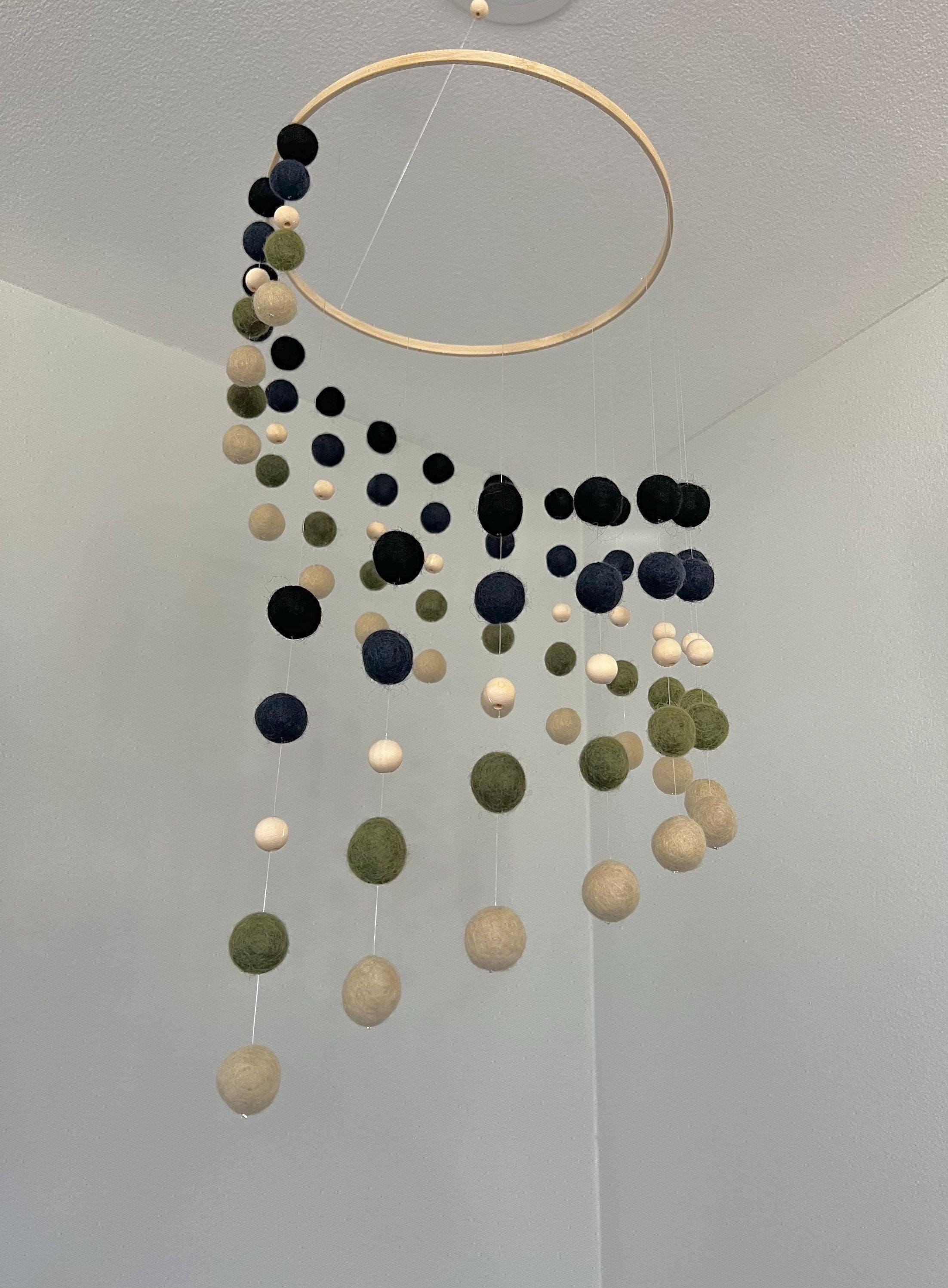 Felt wool and wood ball mobile, pom pom mobile, woodland felt pom pom mobile, minimalist mobile, boho nursery decor