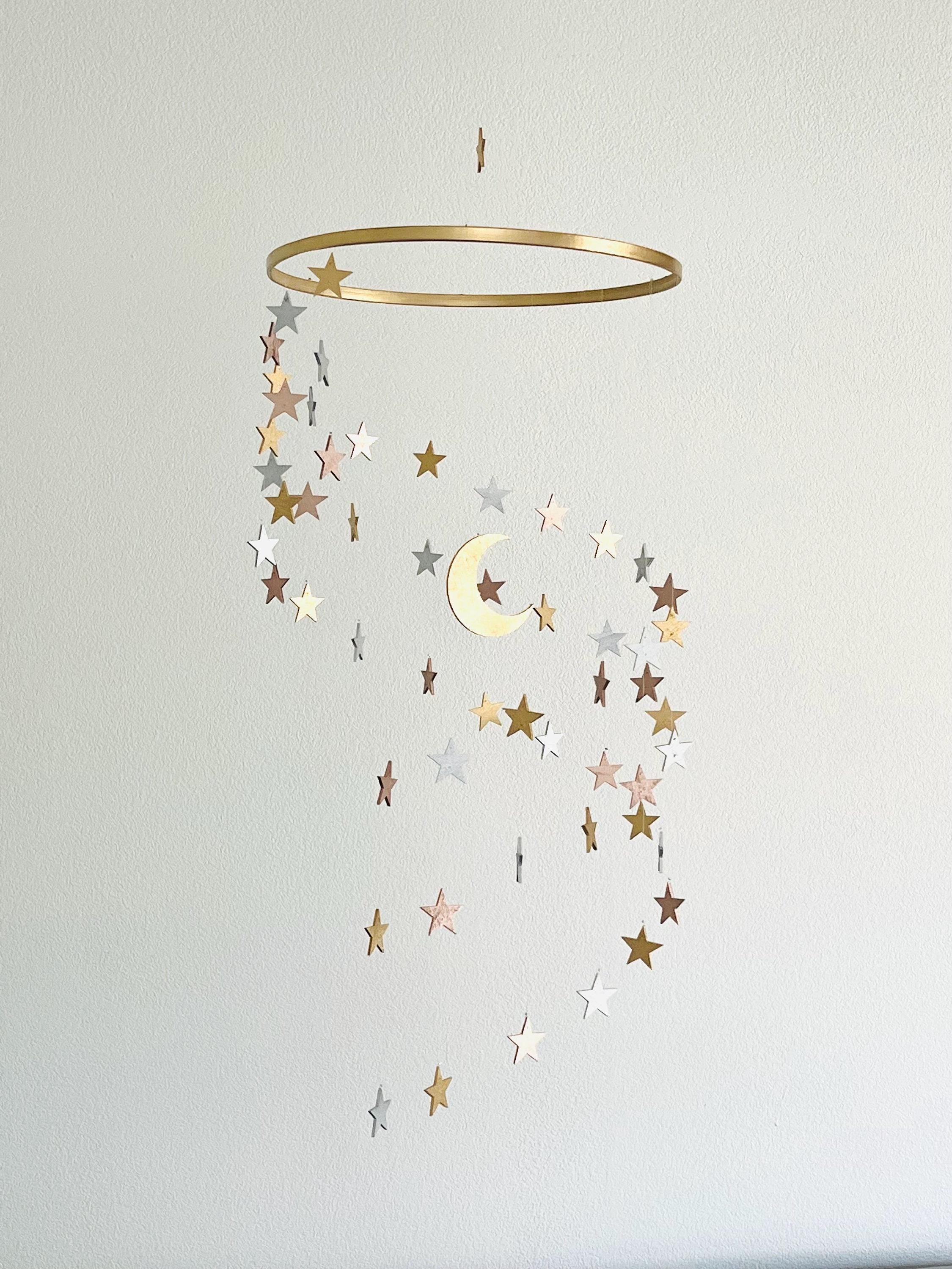 Multicolor wood stars and moon baby mobile, stars and moon mobile nursery, night baby mobile, minimalist mobile, gender neutral mobile