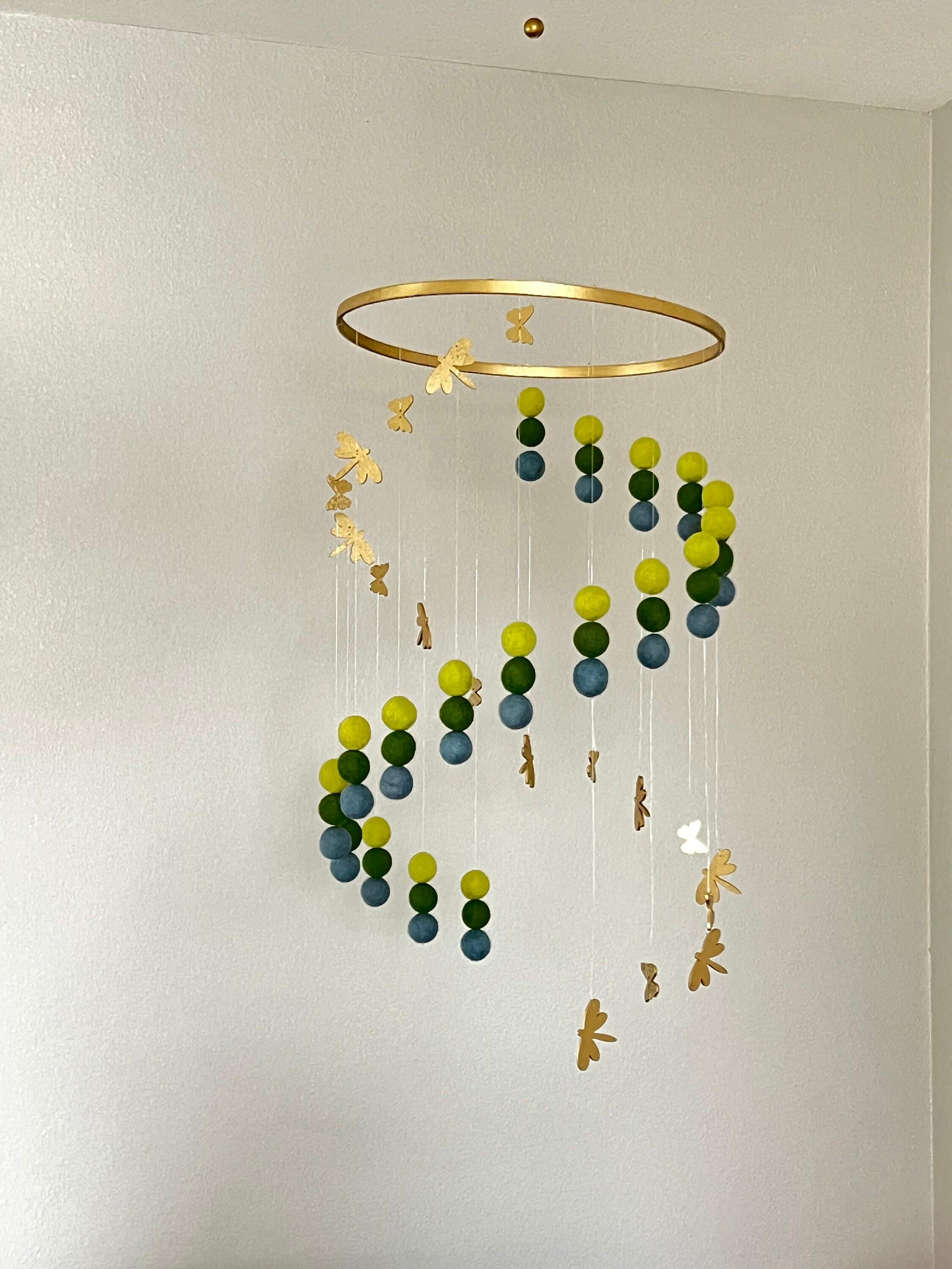 Gold butterflies and dragonflies felt wool balls mobile, forest pom pom mobile, jungle felt mobile, minimalist mobile, boho nursery decor