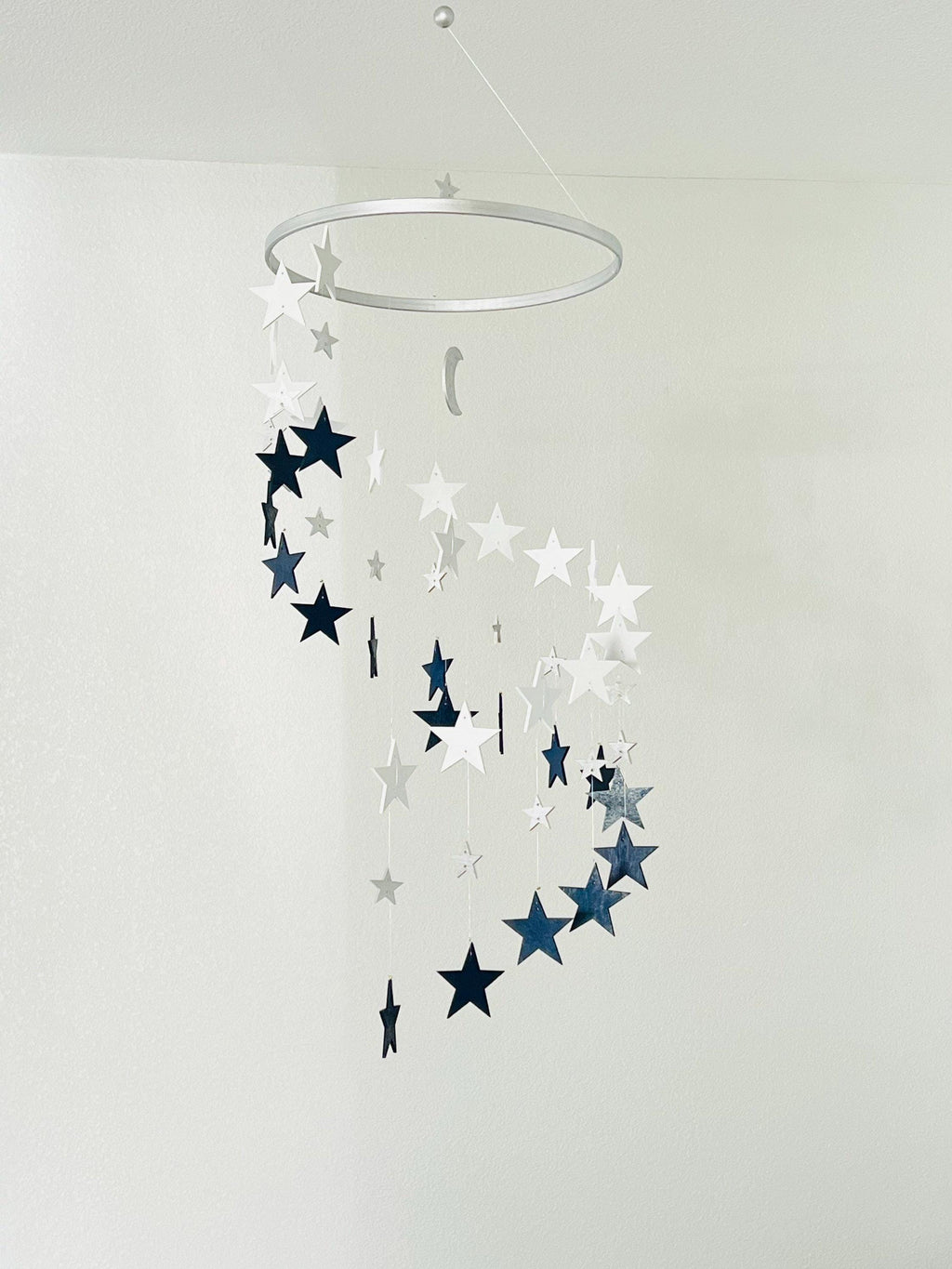 Silver navy and white stars baby mobile, wood stars and moon mobile nursery, toddlers mobile, kids room decor, minimalist mobiles