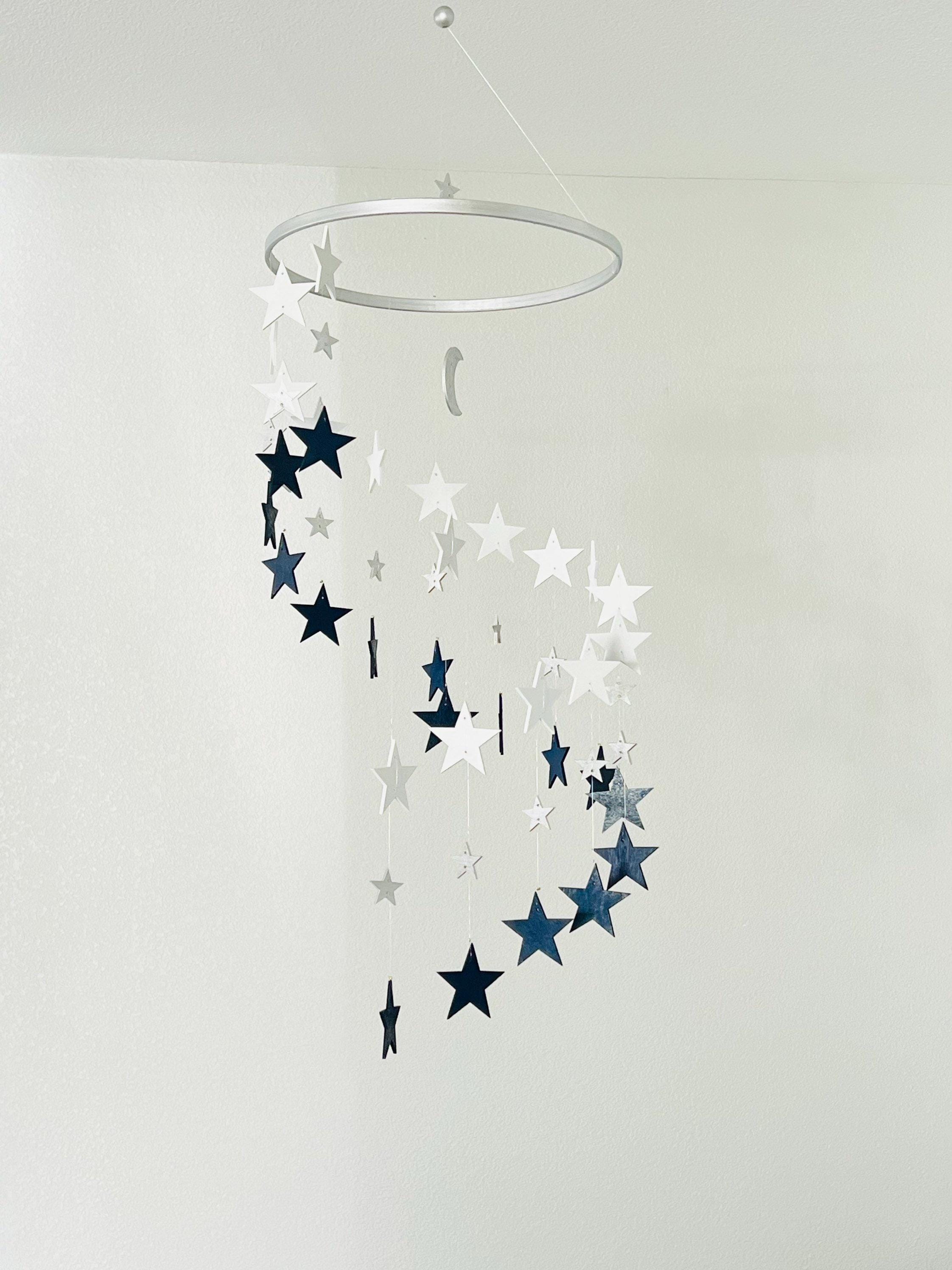 Silver navy and white stars baby mobile, wood stars and moon mobile nursery, toddlers mobile, kids room decor, minimalist mobiles