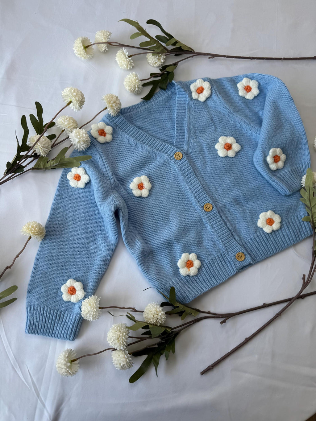 Baby Gift Box – Blue Knit Cardigan with Daisies, Headbands & Bib | Baby Shower Gift |  Outfit Set | Coming Home Gift| 9 month