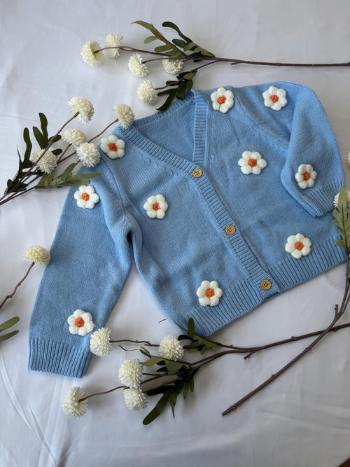 Baby Gift Box – Blue Knit Cardigan with Daisies, Headbands & Bib | Baby Shower Gift |  Outfit Set | Coming Home Gift| 9 month