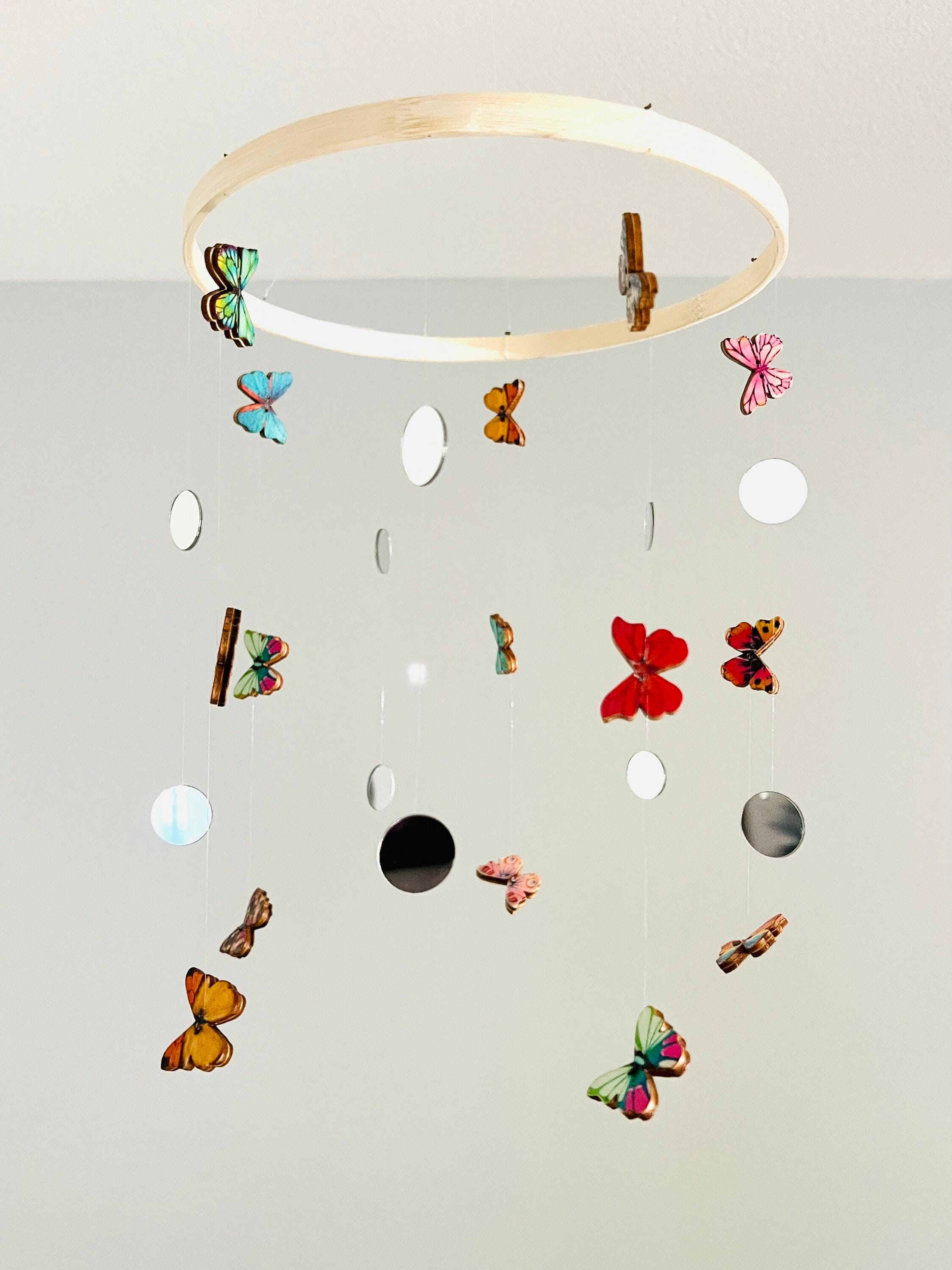 Multicolor wood butterflies and mirror circles baby mobile, nursery decorations, kids mobile, boho minimalist mobile