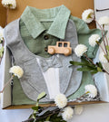 Baby Boy Gift Box – Green Button-Up Outfit, Tuxedo Bib & Wooden Toy – Newborn Shower Present