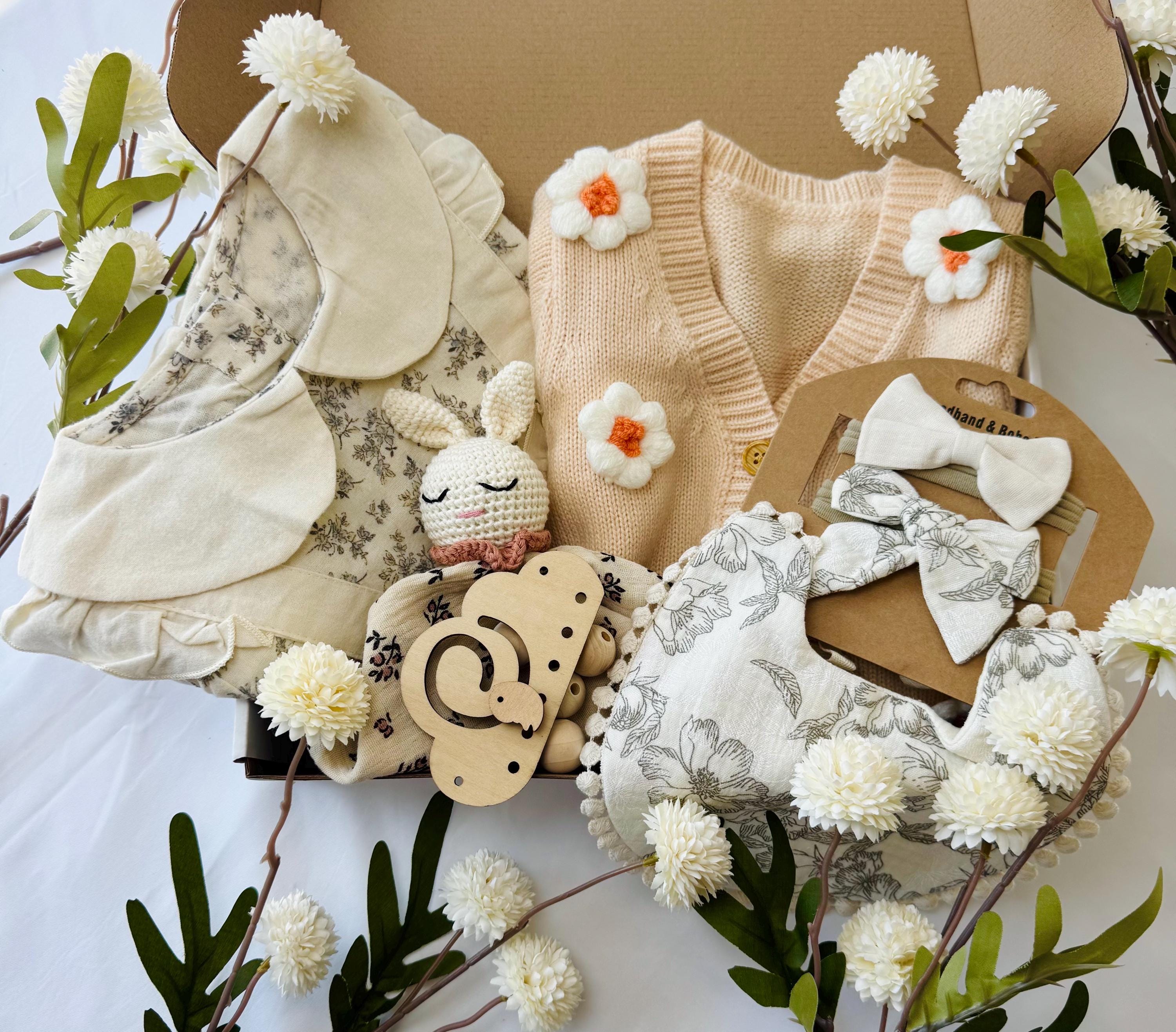 Neutral Baby Gift Box | Organic Baby Shower Gift Set | Newborn Outfit, Sweater, Wooden Teether, Crochet Bunny and  Accessories