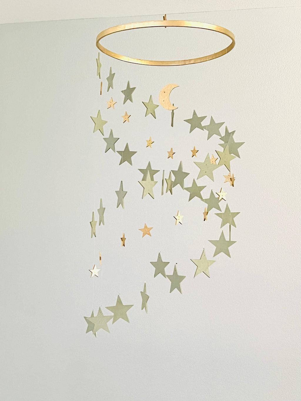 Gold and sage green stars baby mobile, wood stars and moon mobile nursery, toddlers mobile, kids room decor, minimalist mobiles