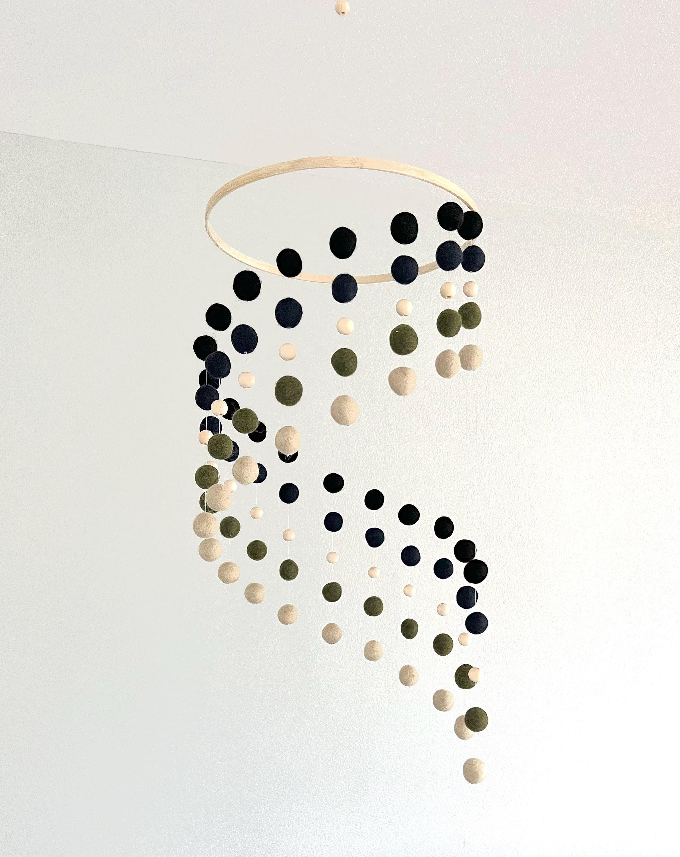 Felt wool and wood ball mobile, pom pom mobile, woodland felt pom pom mobile, minimalist mobile, boho nursery decor