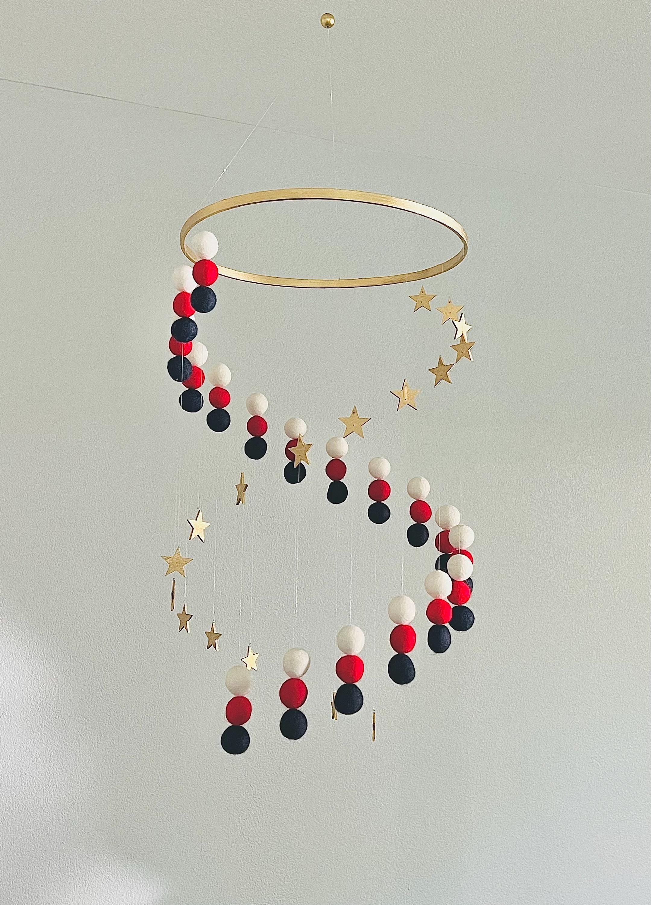 Gold stars and white, red, navy blue felt wool ball mobile, pom pom mobile, boho spinning mobile, minimalist mobile