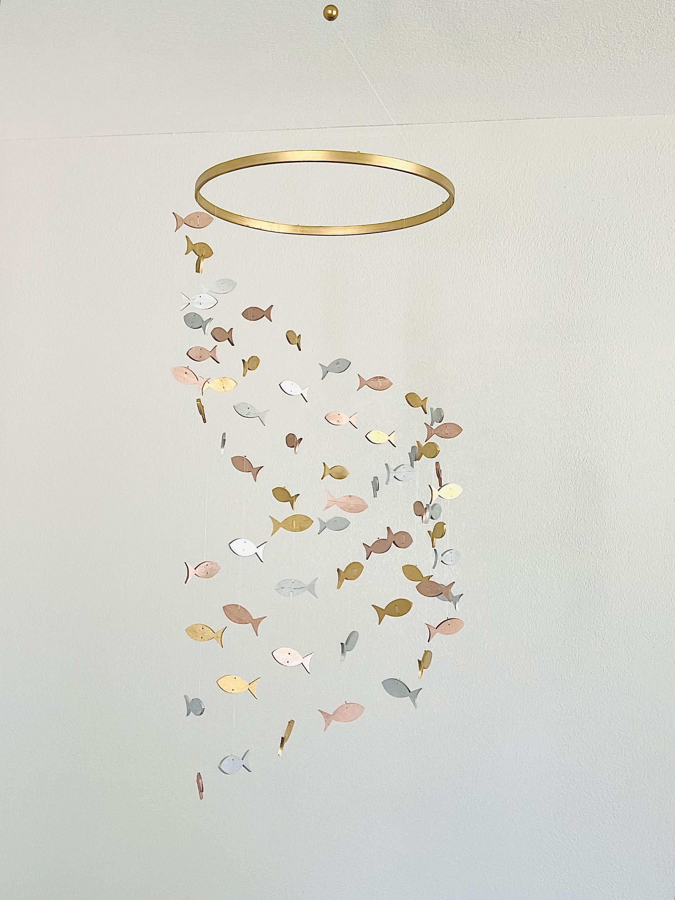 Multicolor fishing baby mobile, marine crib mobile nursery gold silver rose gold wood fish kids mobile toddler minimalist boho mobile