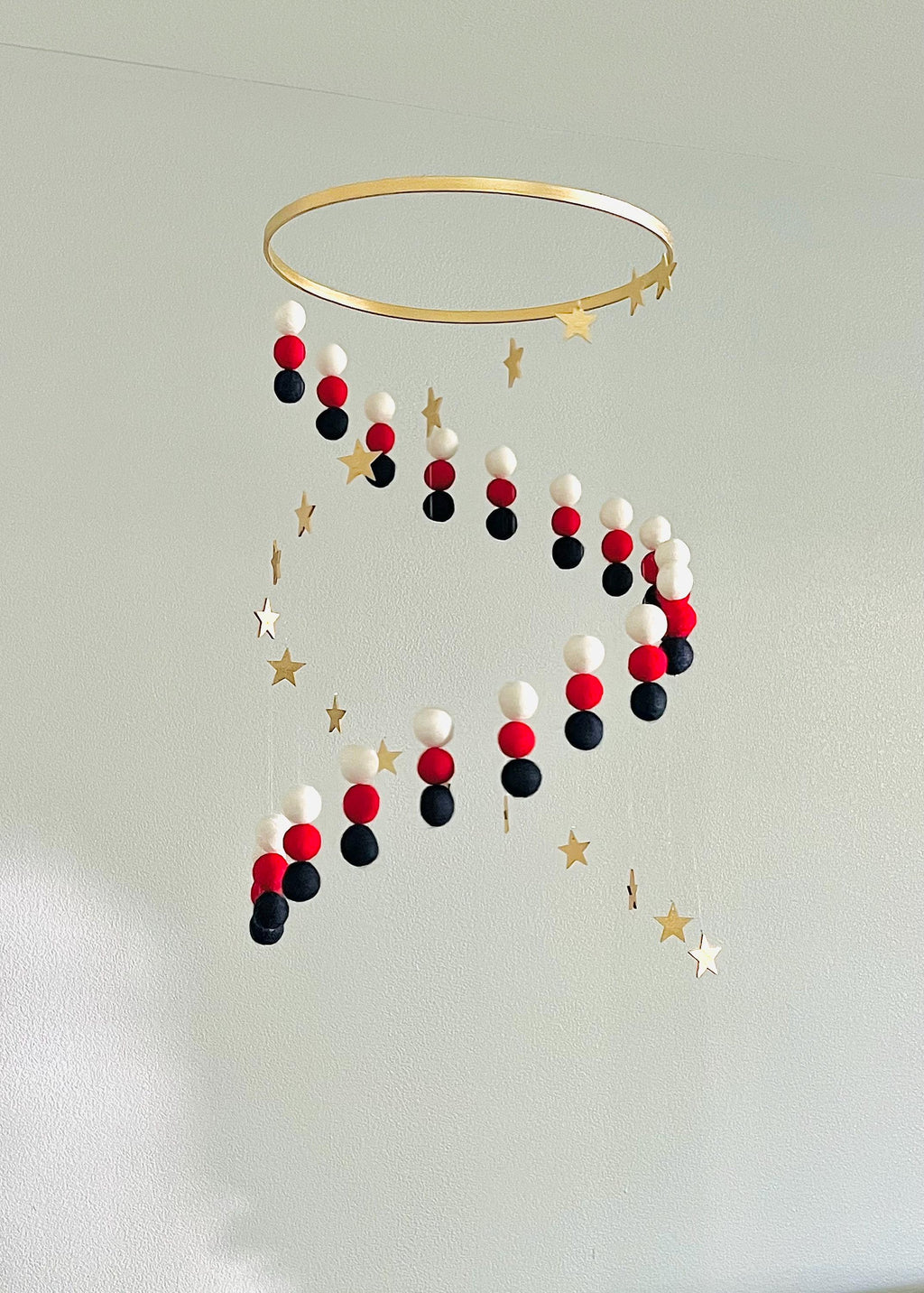 Gold stars and white, red, navy blue felt wool ball mobile, pom pom mobile, boho spinning mobile, minimalist mobile