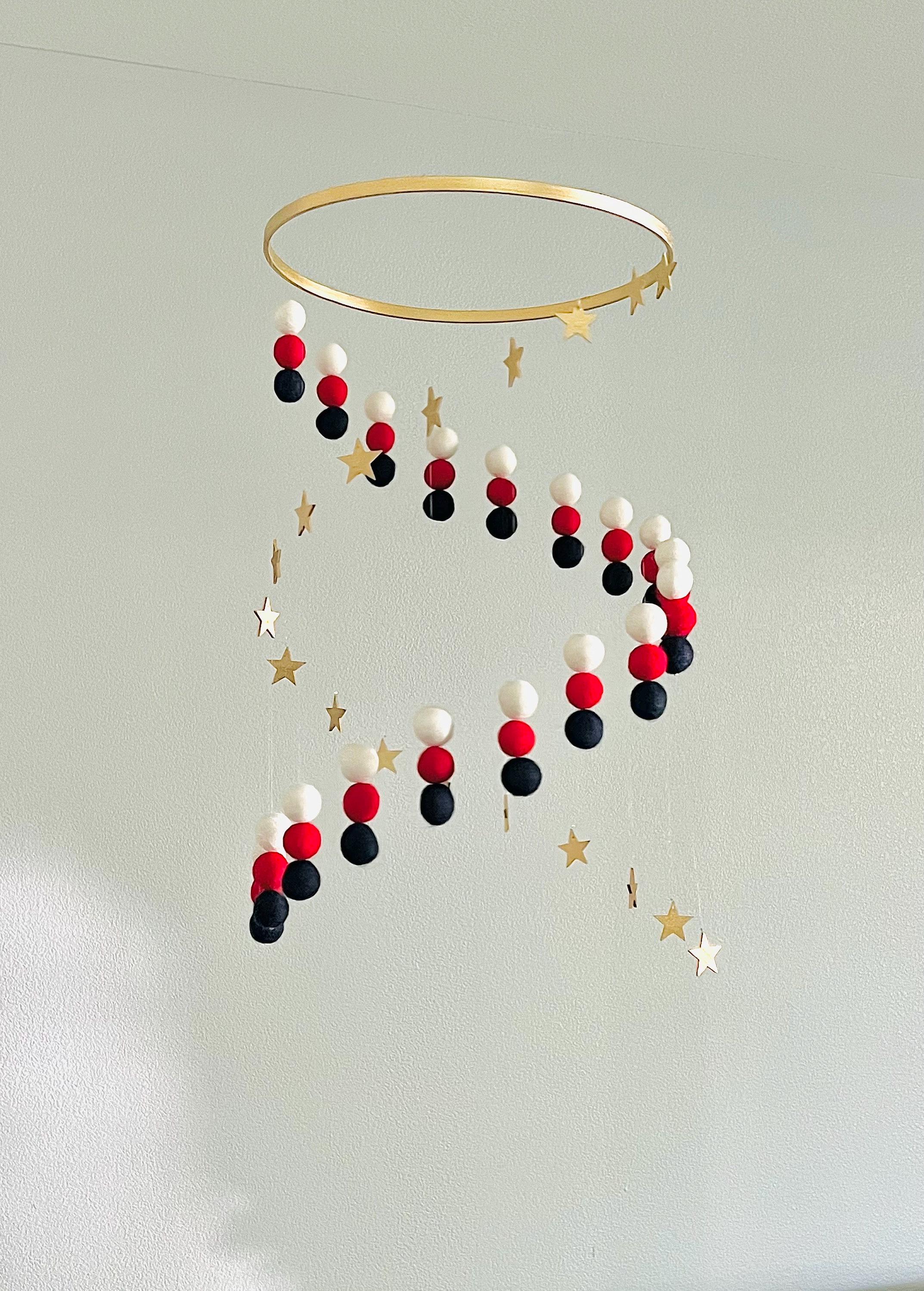 Gold stars and white, red, navy blue felt wool ball mobile, pom pom mobile, boho spinning mobile, minimalist mobile