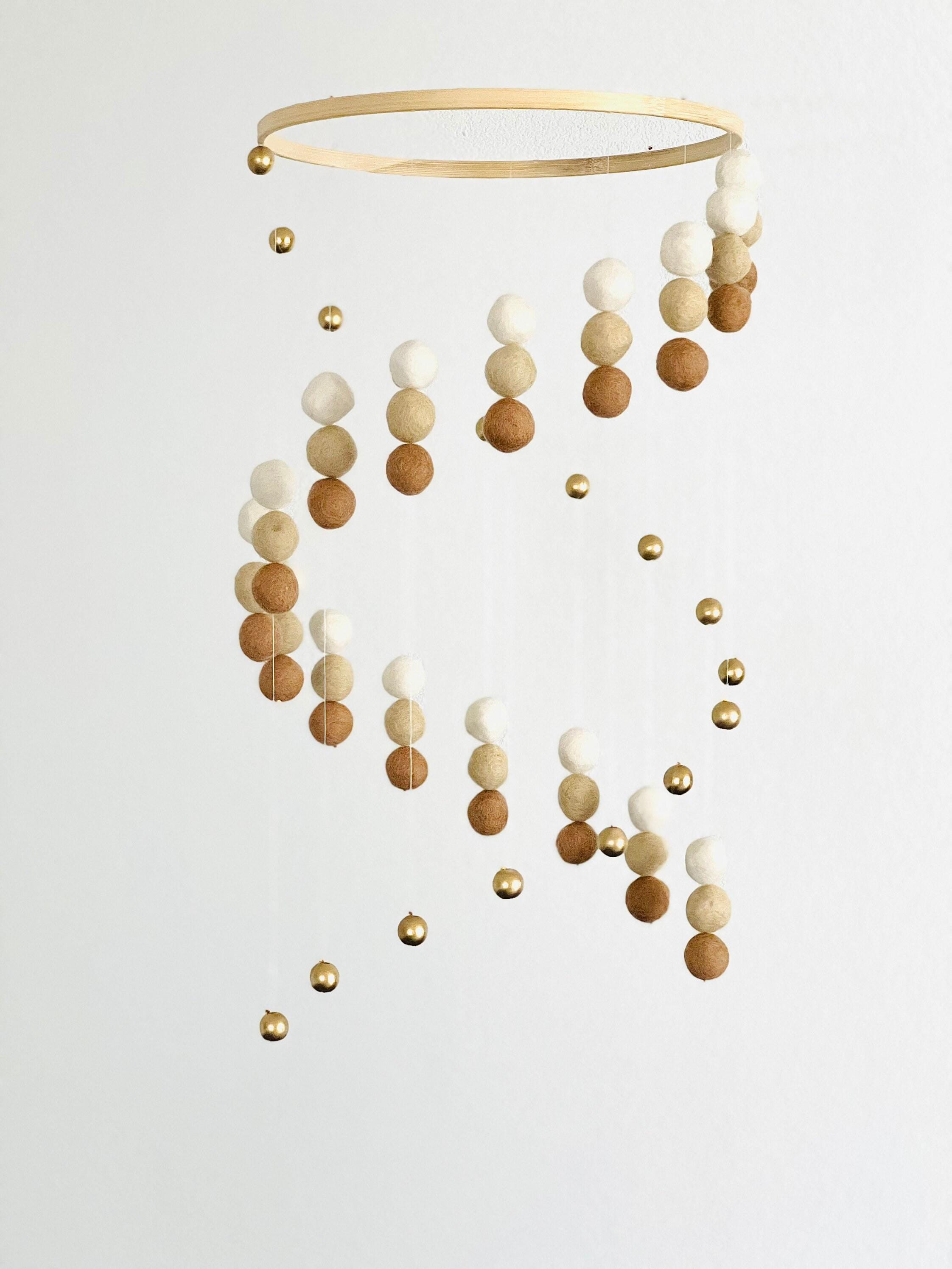 Gold silver balls and felt wool balls mobile, neutral felt pom pom mobile, felt ball mobile, minimalist mobile, boho nursery decor