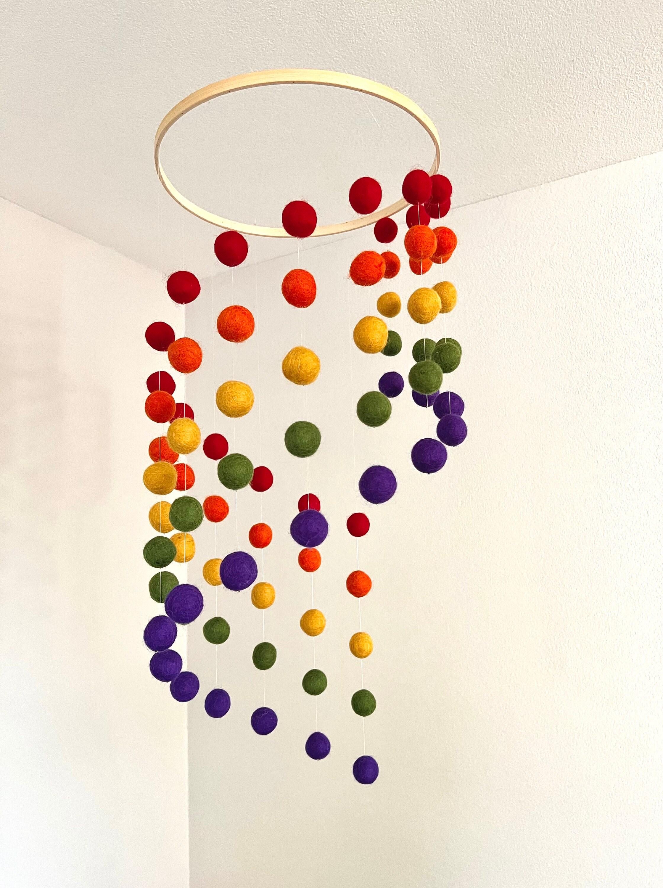 Rainbow felt wool ball mobile, pom pom mobile, felt pom pom mobile, felt ball mobile, minimalist mobile, boho nursery decor