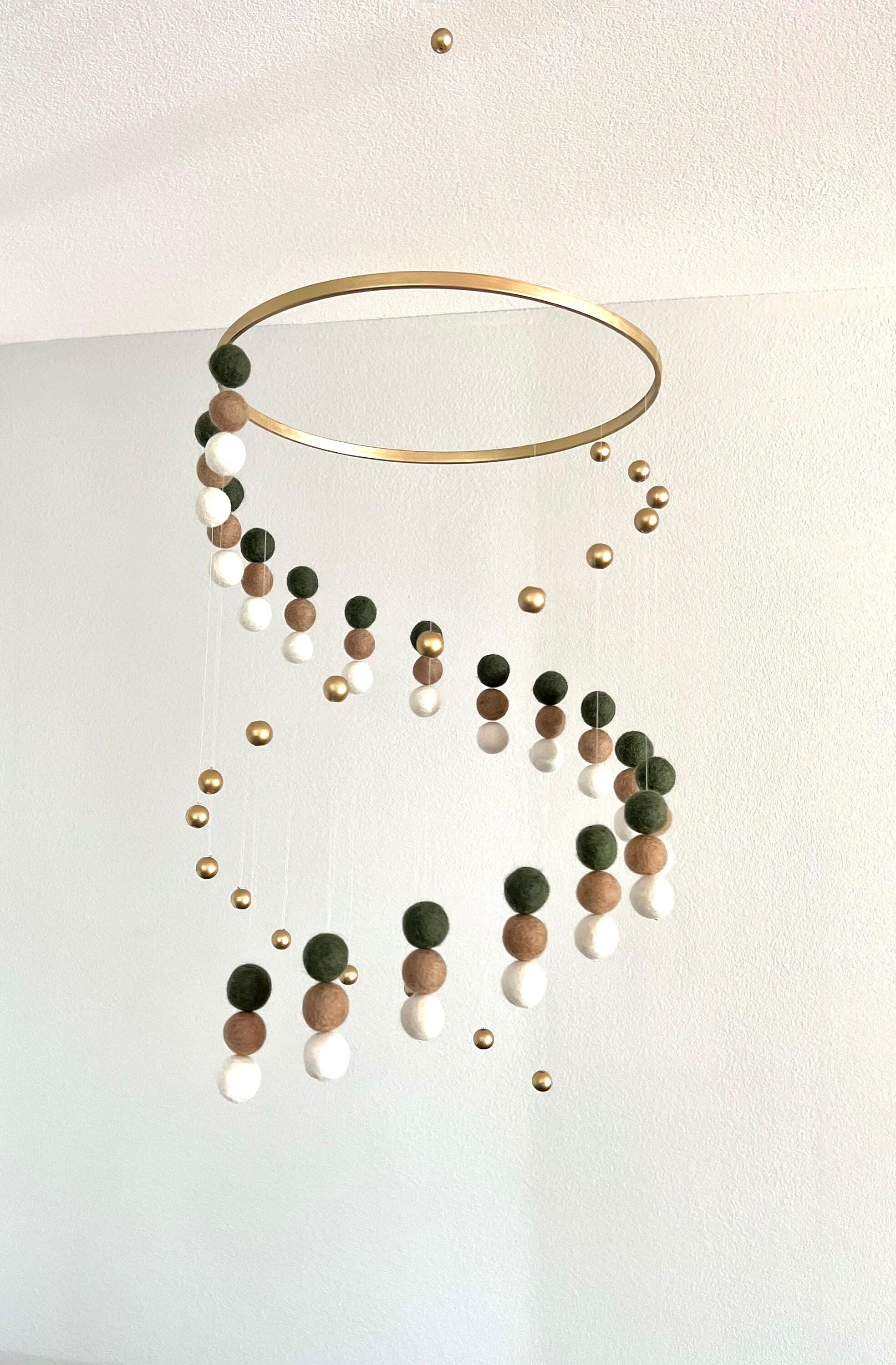Gold balls and felt wool ball mobile, pom pom mobile, felt pom pom mobile, spinning mobile, minimalist mobile, boho nursery decor
