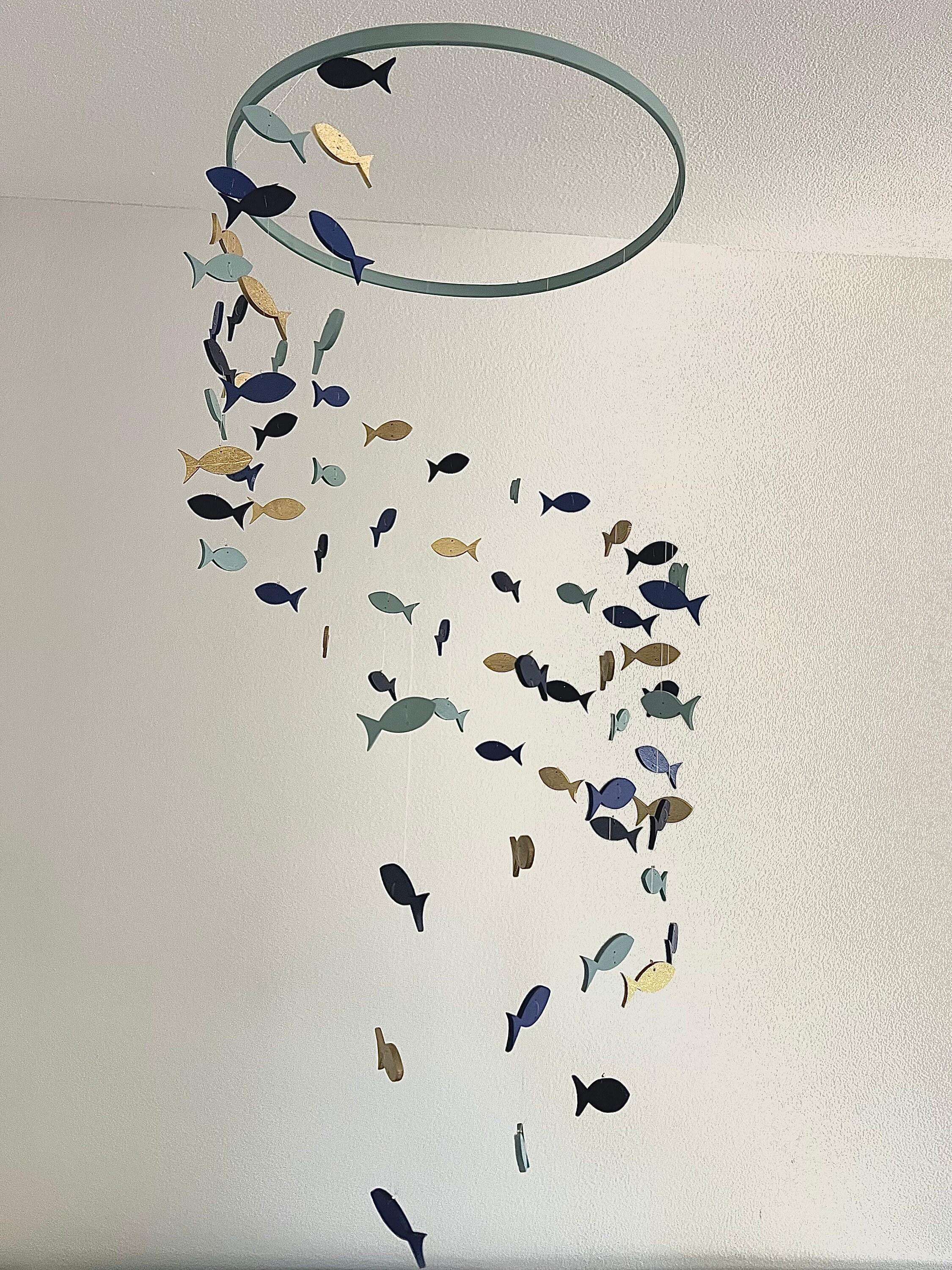 Blue and gold fishing mobile nursery, spiral baby mobile, boho baby mobile, multi color minimalist mobile, baby shower gender neutral mobile