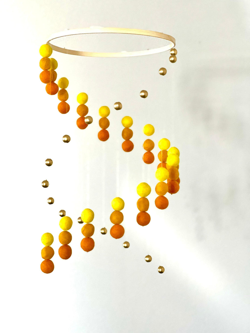 Gold balls and felt wool ball mobile, sunshine pom pom mobile, felt pom pom mobile, felt ball mobile, minimalist mobile, boho nursery decor