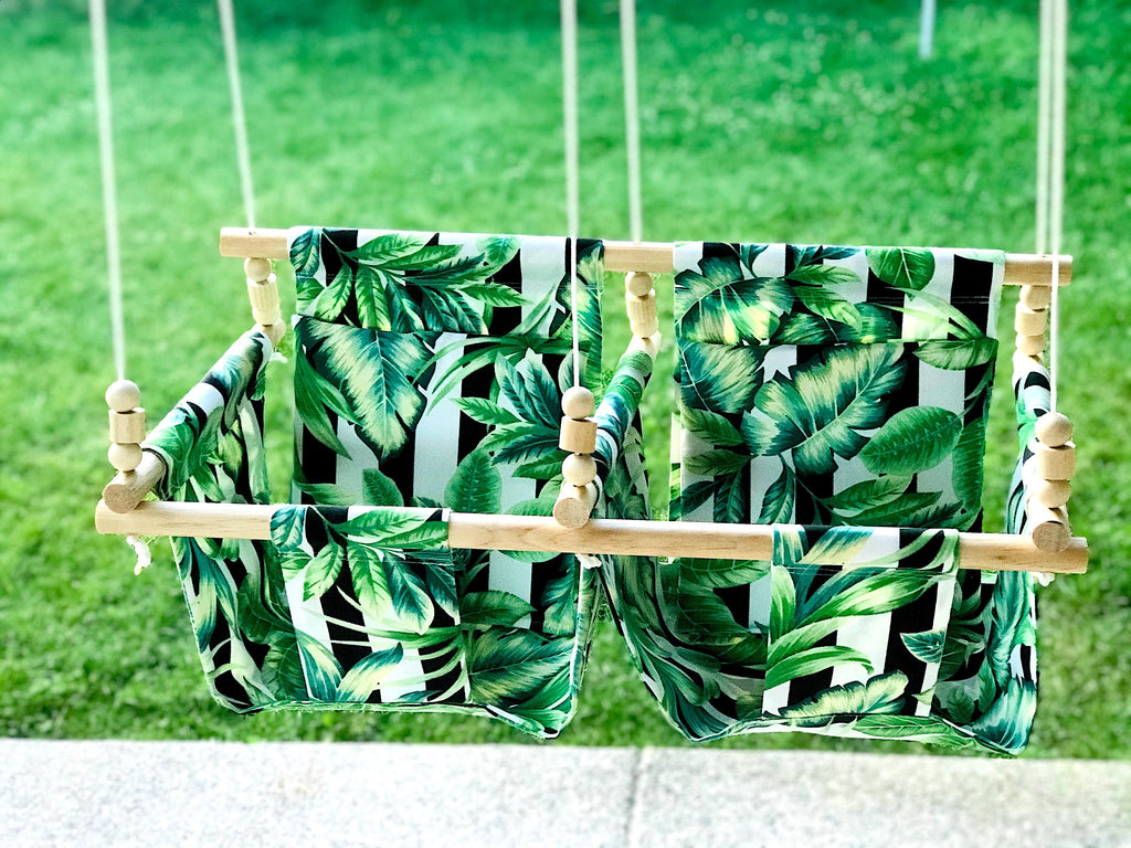 Floral Print High Back Twin / Siblings Babies Fabric Swing.  Double Indoor/Outdoor Baby/Toddler Swing with Pillows