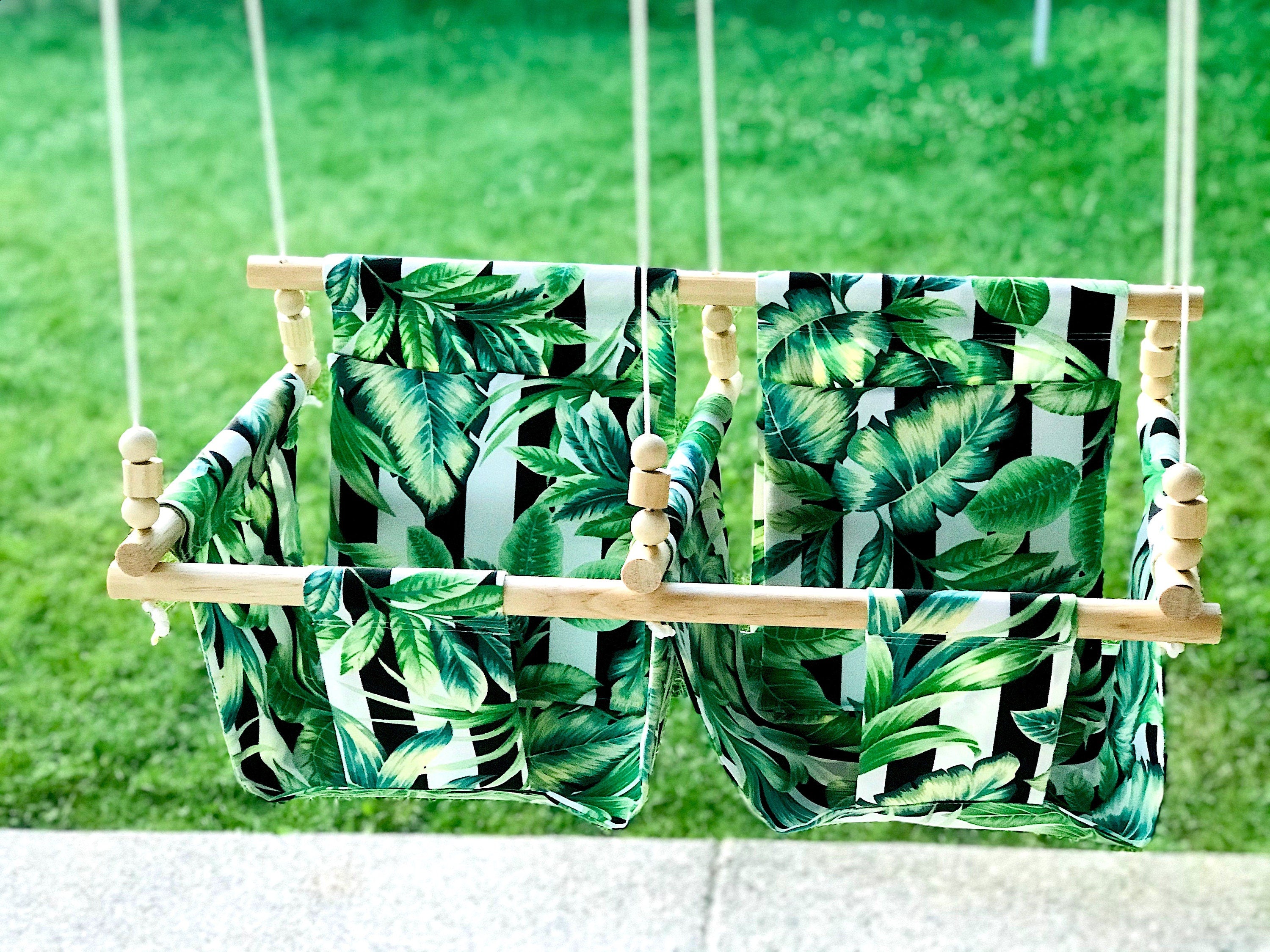 Floral Print High Back Twin / Siblings Babies Fabric Swing.  Double Indoor/Outdoor Baby/Toddler Swing with Pillows