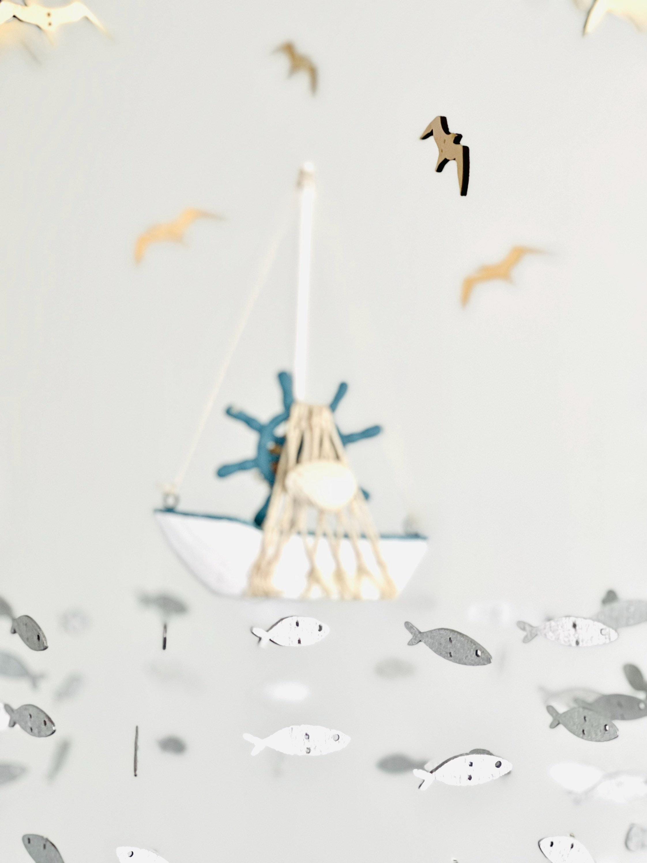Fishing baby mobile, marine crib mobile nursery, boat fish bird baby toddler mobile, modern minimalist mobile, gender neutral mobile