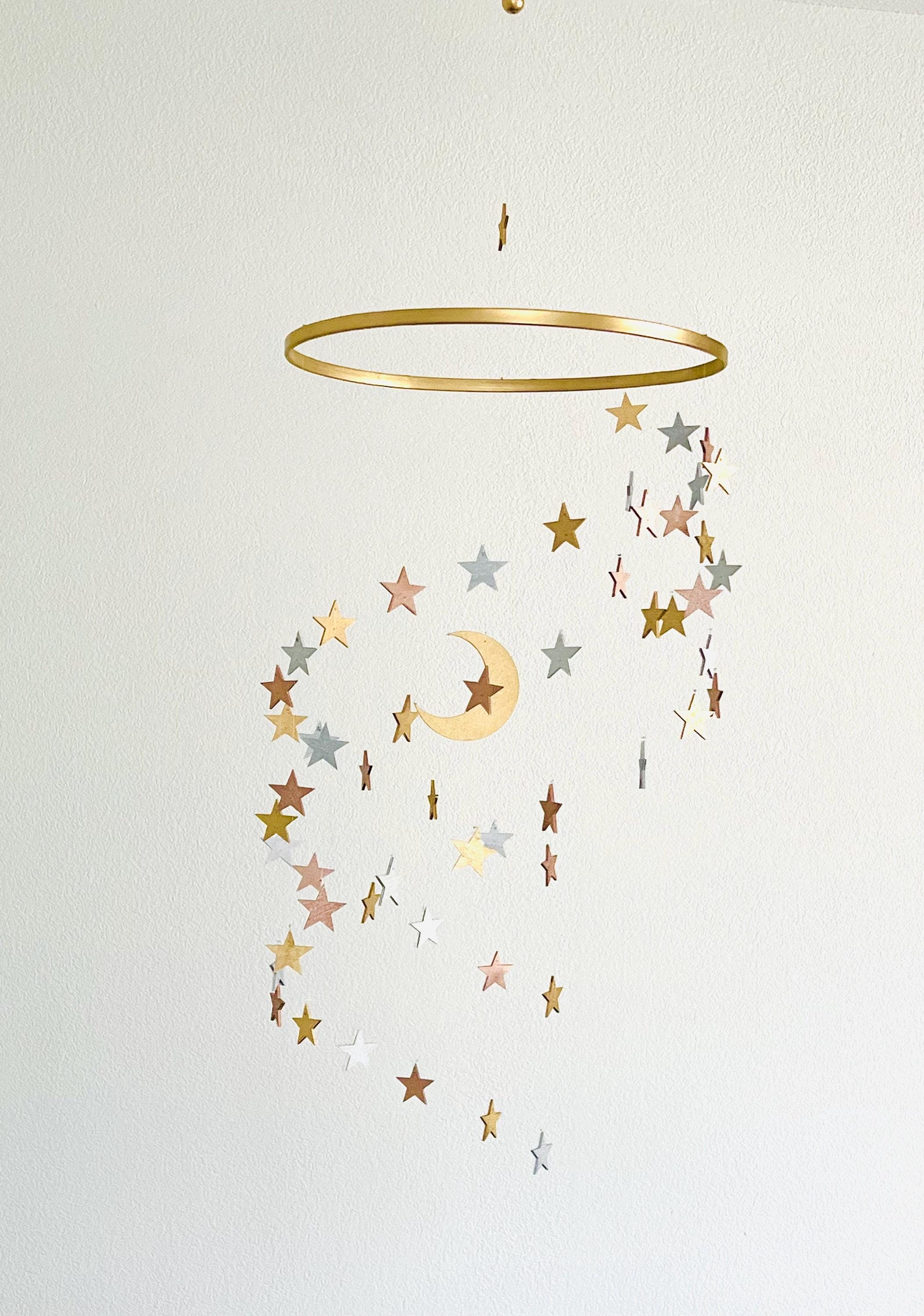 Multicolor wood stars and moon baby mobile, stars and moon mobile nursery, night baby mobile, minimalist mobile, gender neutral mobile