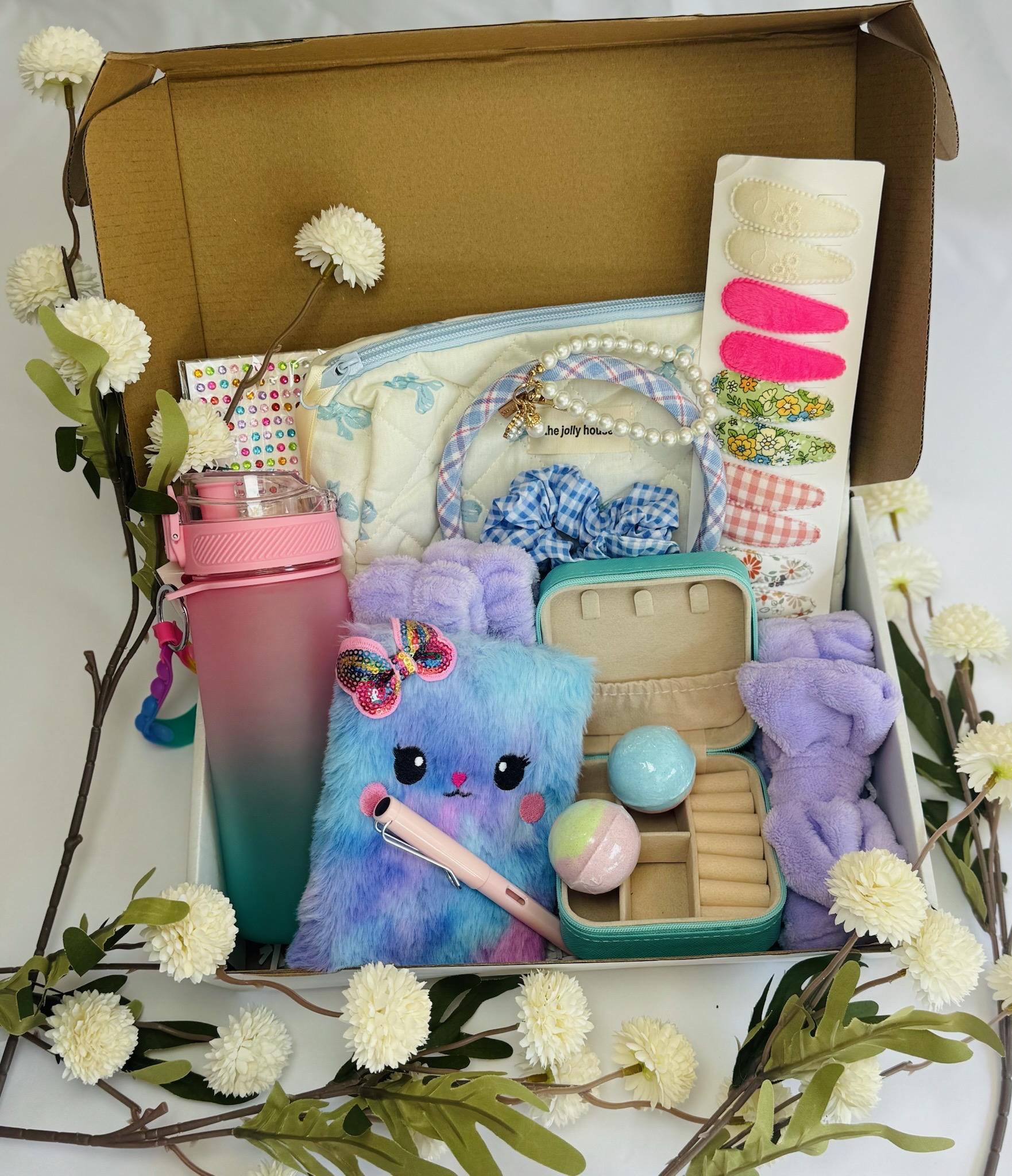 Blue and  Pink Self-Care Gift Box – Jewelry Organizer, Water Bottle and Spa Accessories