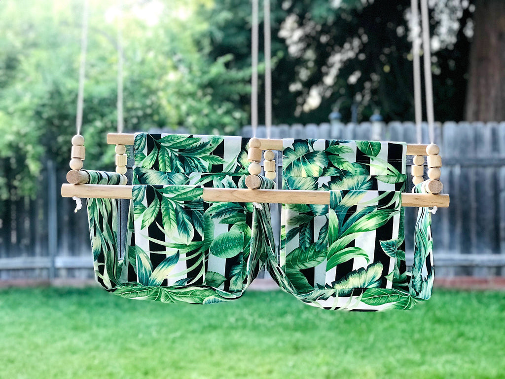 Floral Print High Back Twin / Siblings Babies Fabric Swing.  Double Indoor/Outdoor Baby/Toddler Swing with Pillows