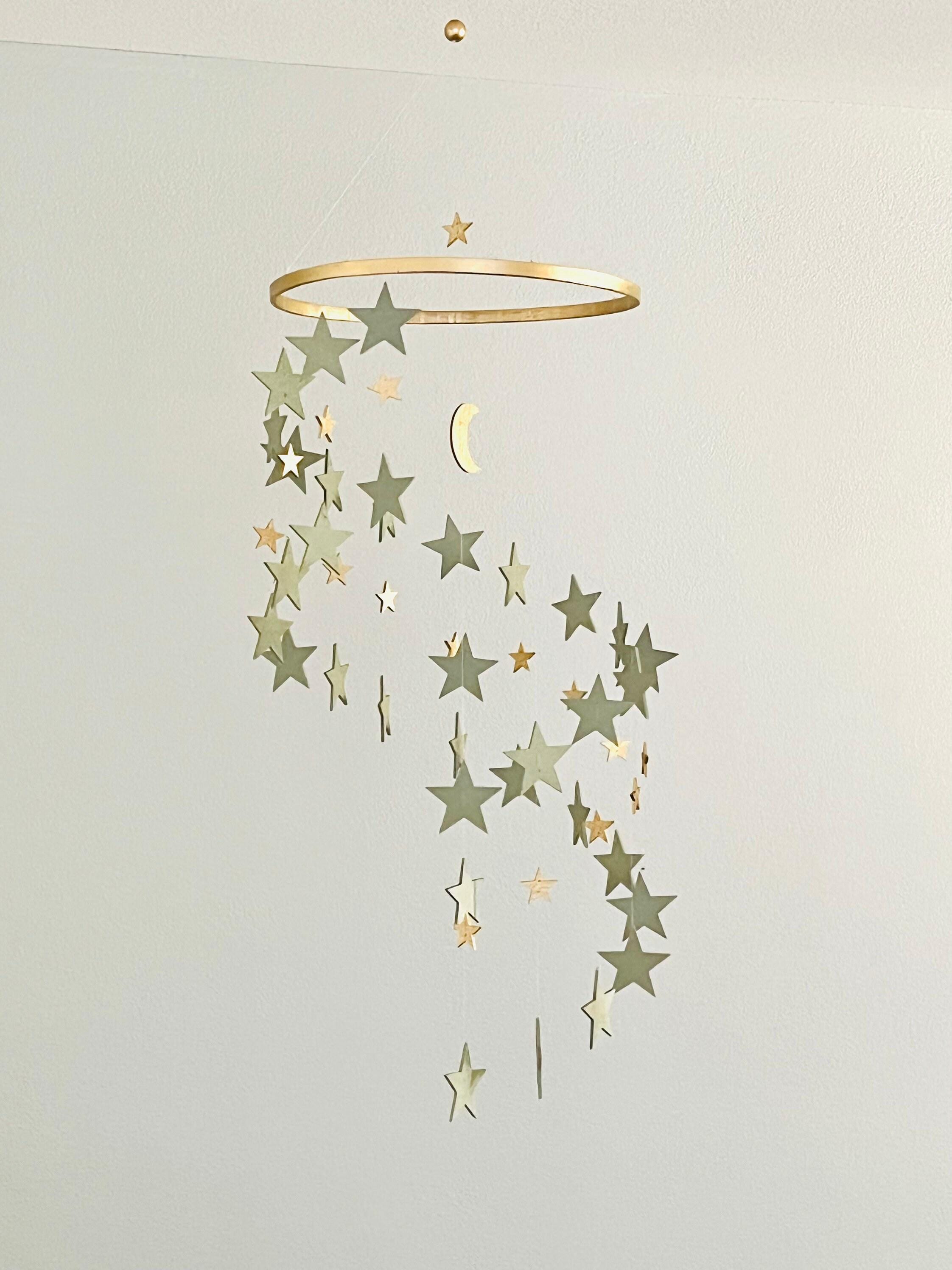Gold and sage green stars baby mobile, wood stars and moon mobile nursery, toddlers mobile, kids room decor, minimalist mobiles