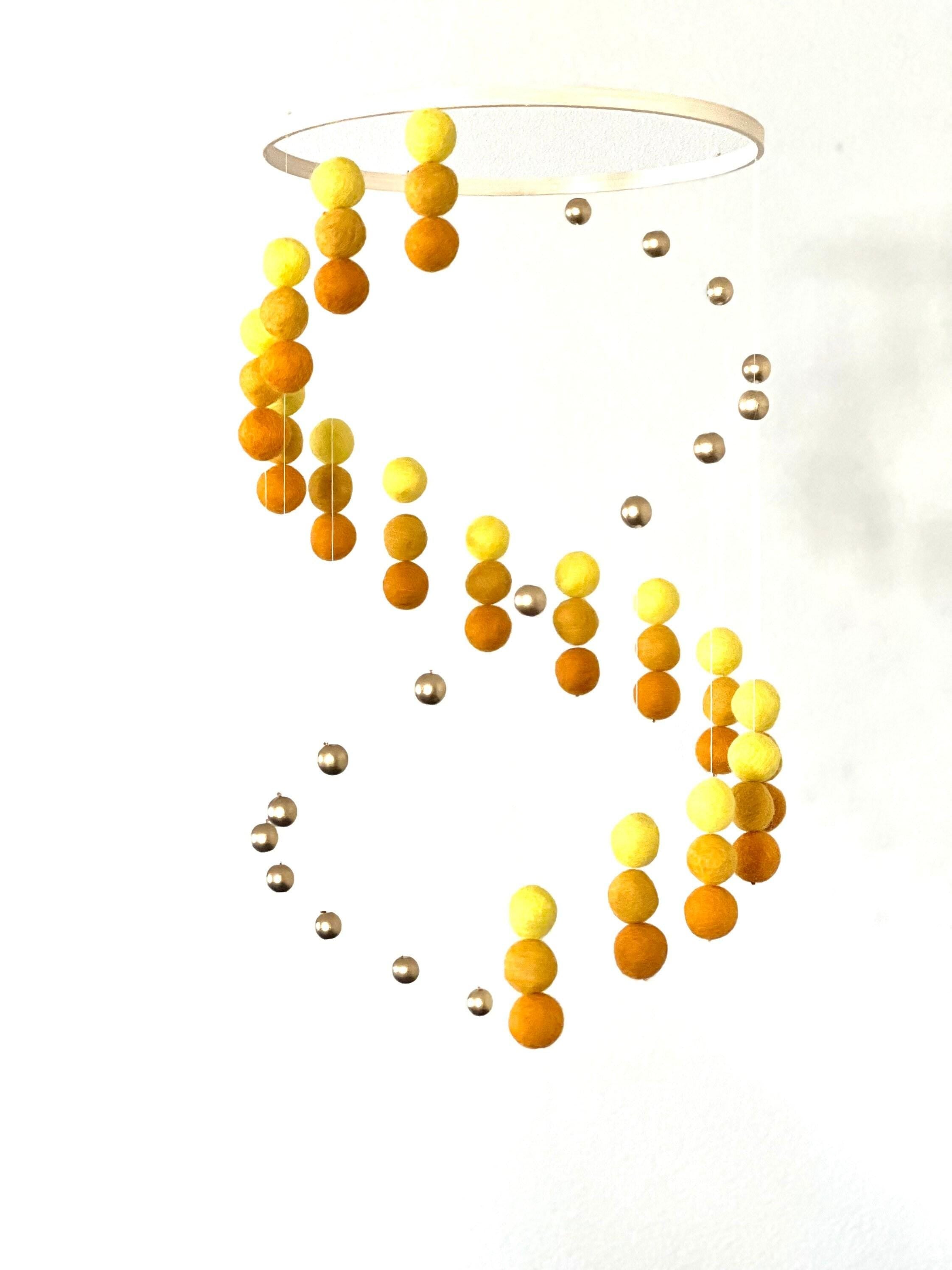 Gold balls and felt wool ball mobile, sunshine pom pom mobile, felt pom pom mobile, felt ball mobile, minimalist mobile, boho nursery decor