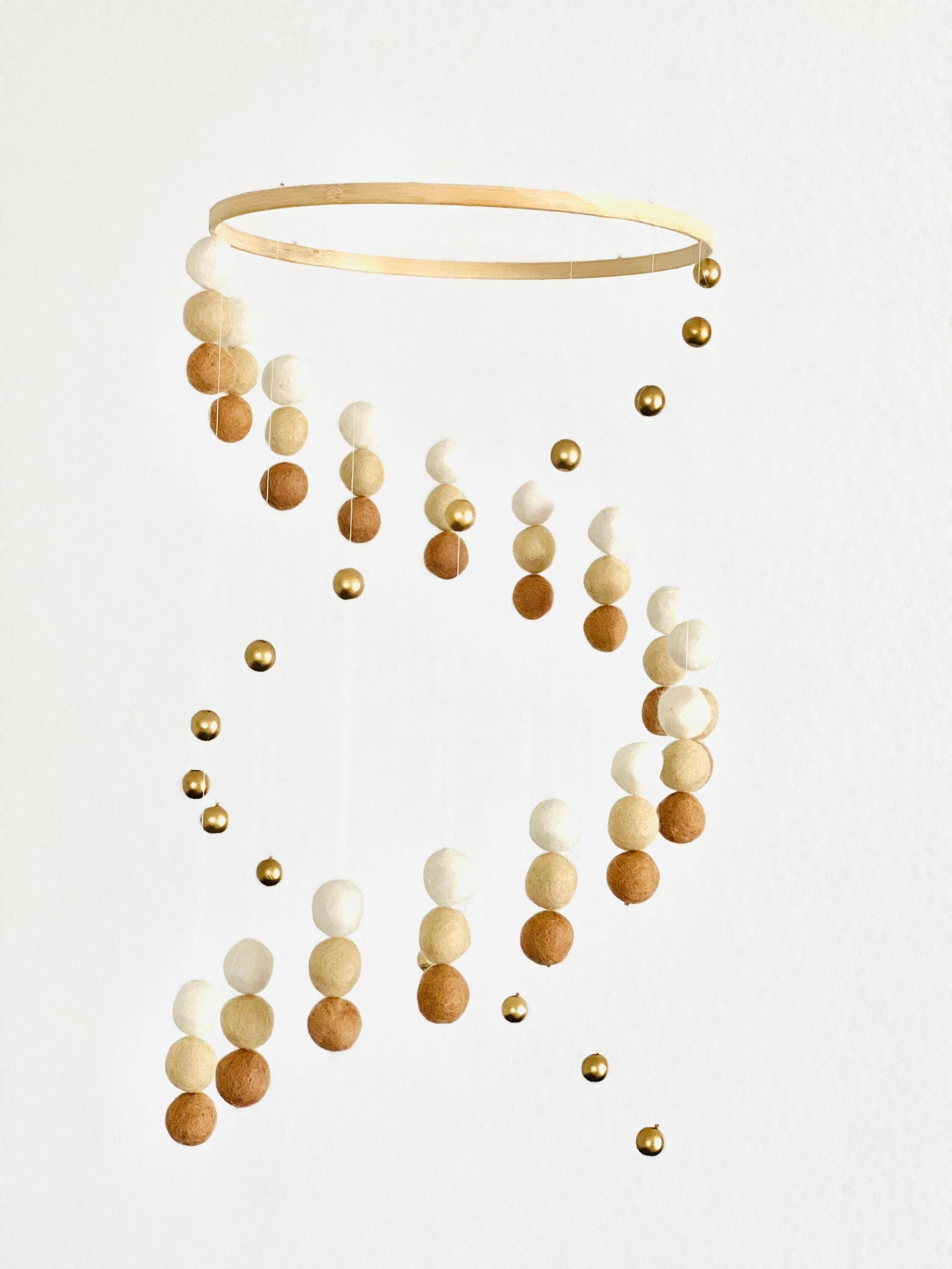 Gold silver balls and felt wool balls mobile, neutral felt pom pom mobile, felt ball mobile, minimalist mobile, boho nursery decor