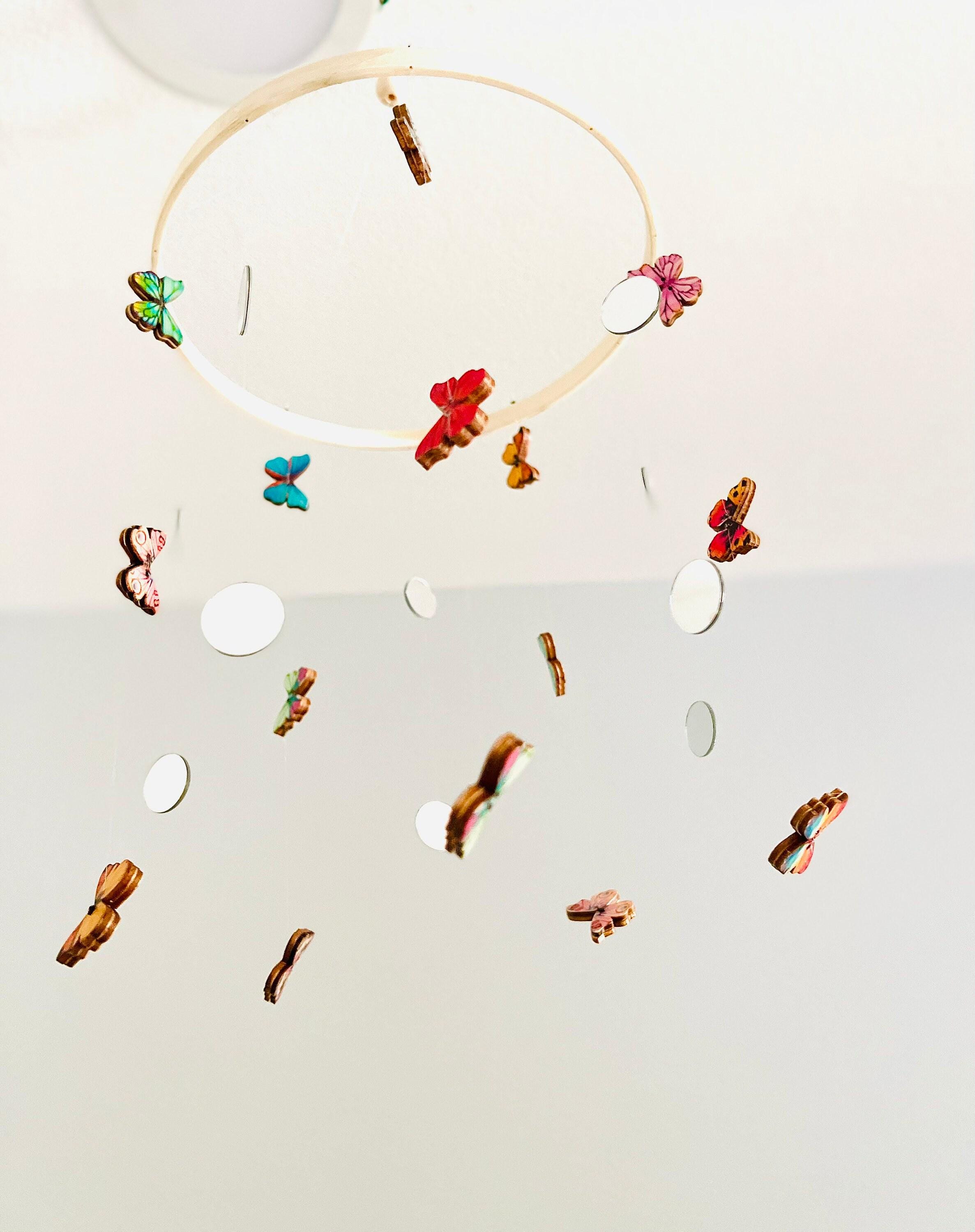 Multicolor wood butterflies and mirror circles baby mobile, nursery decorations, kids mobile, boho minimalist mobile