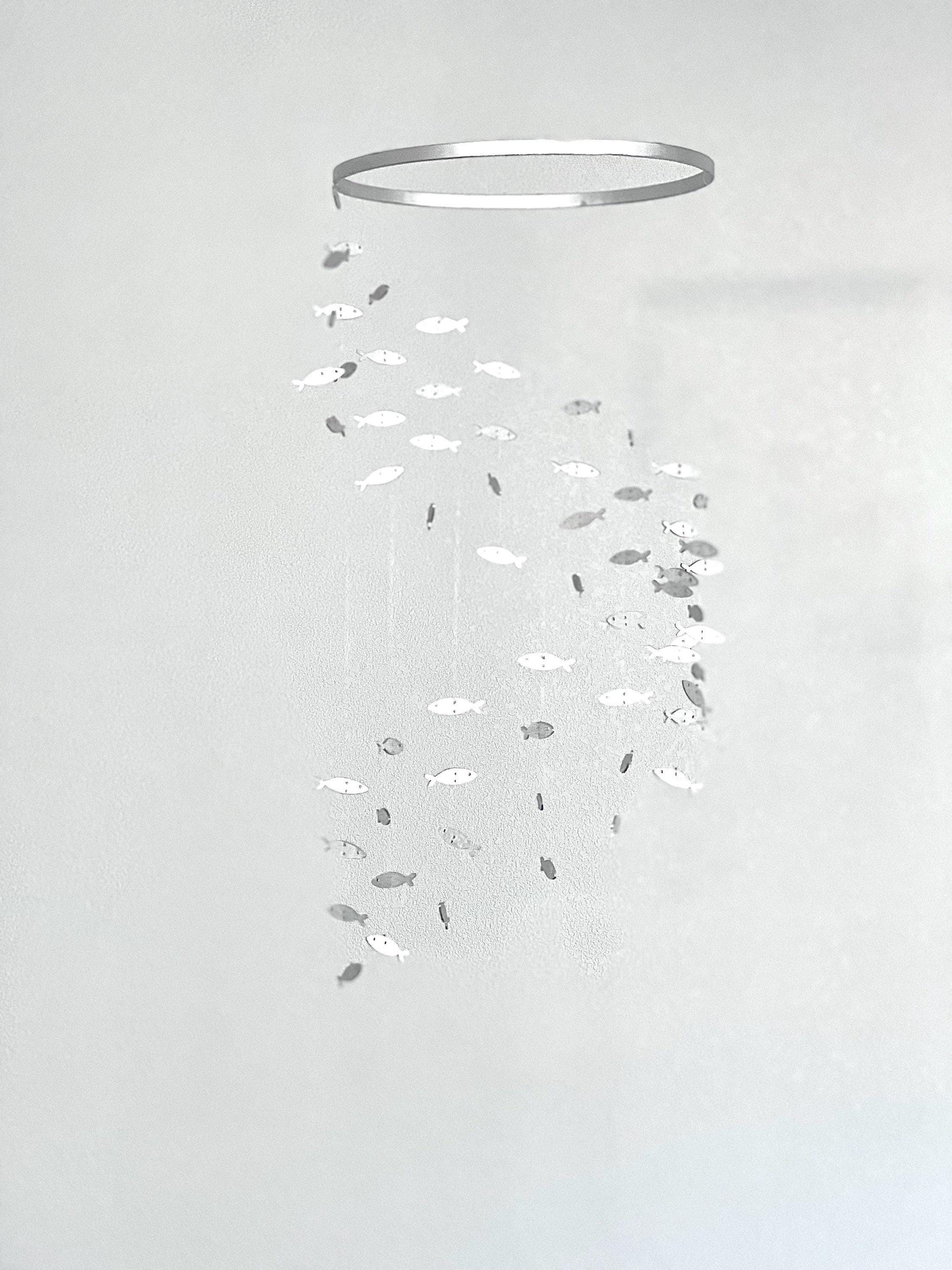 Silver wood fish baby mobile, marine crib mobile nursery, night baby mobile, kids mobile, minimalist mobile, gender neutral mobile