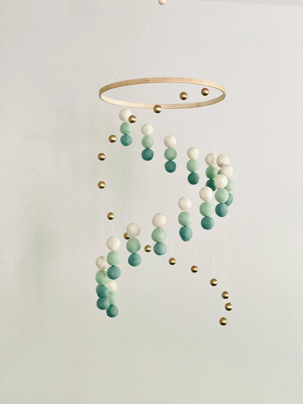 Mint ombre felt wool ball mobile, gold balls and pom pom mobile, felt  mobile, felt ball mobile, minimalist mobile, boho nursery decor