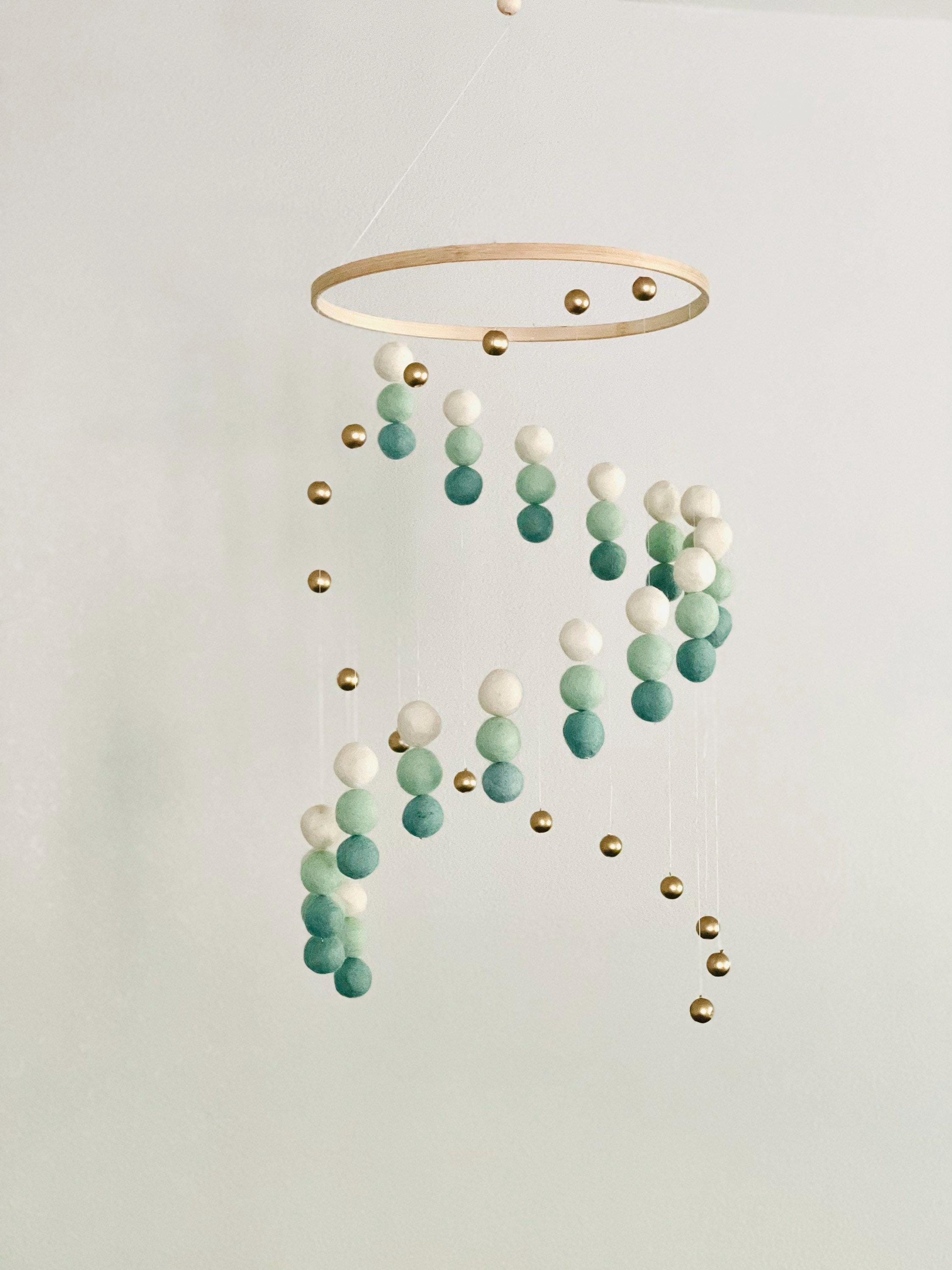 Mint ombre felt wool ball mobile, gold balls and pom pom mobile, felt  mobile, felt ball mobile, minimalist mobile, boho nursery decor