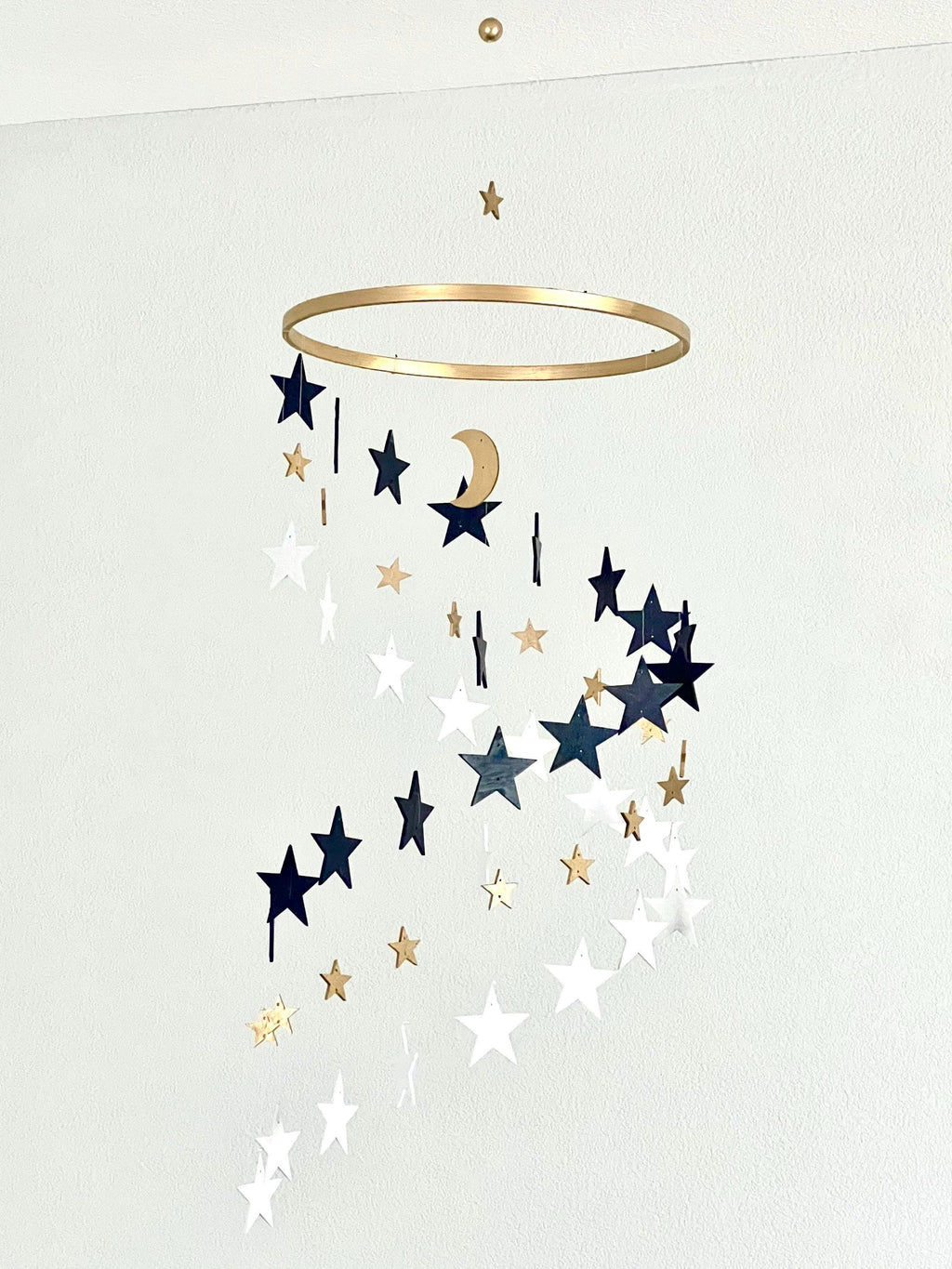 Gold and navy and white stars baby mobile, wood stars and moon mobile nursery, toddlers mobile, kids room decor, minimalist mobiles