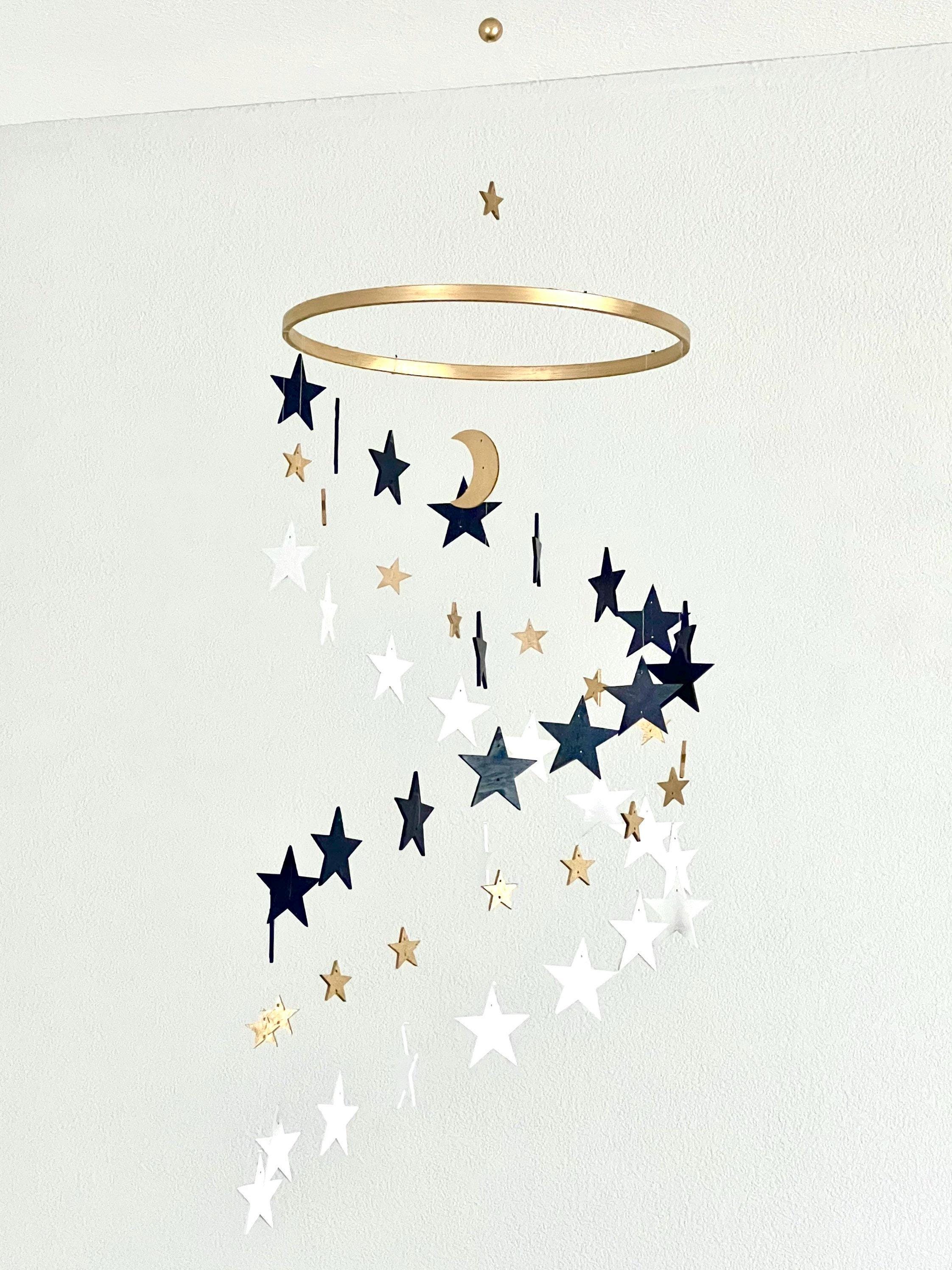 Gold and navy and white stars baby mobile, wood stars and moon mobile nursery, toddlers mobile, kids room decor, minimalist mobiles