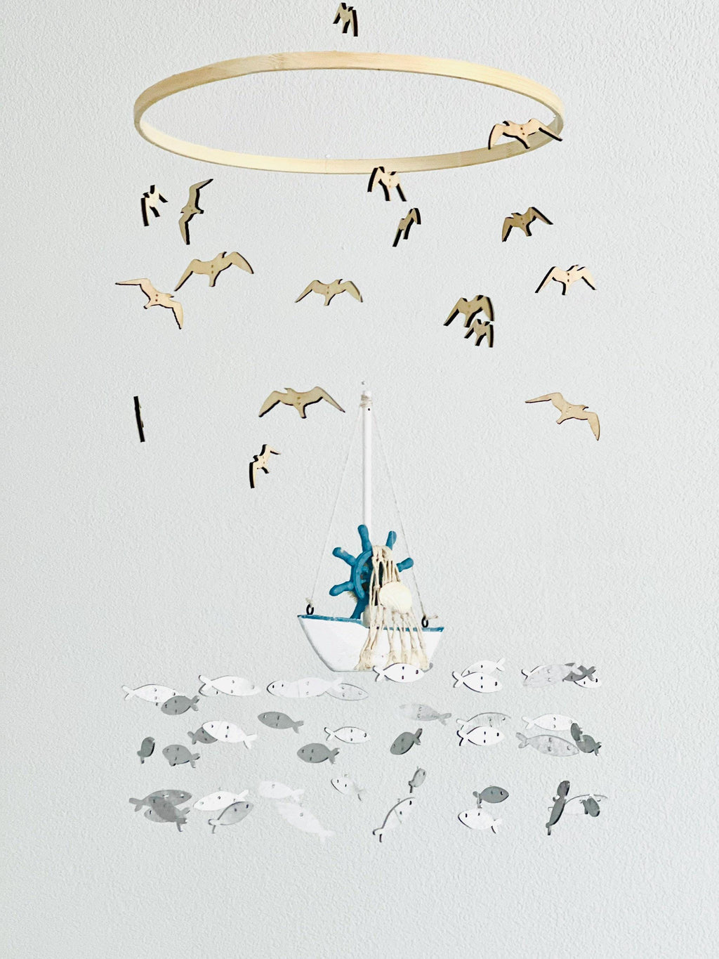 Fishing baby mobile, marine crib mobile nursery, boat fish bird baby toddler mobile, modern minimalist mobile, gender neutral mobile