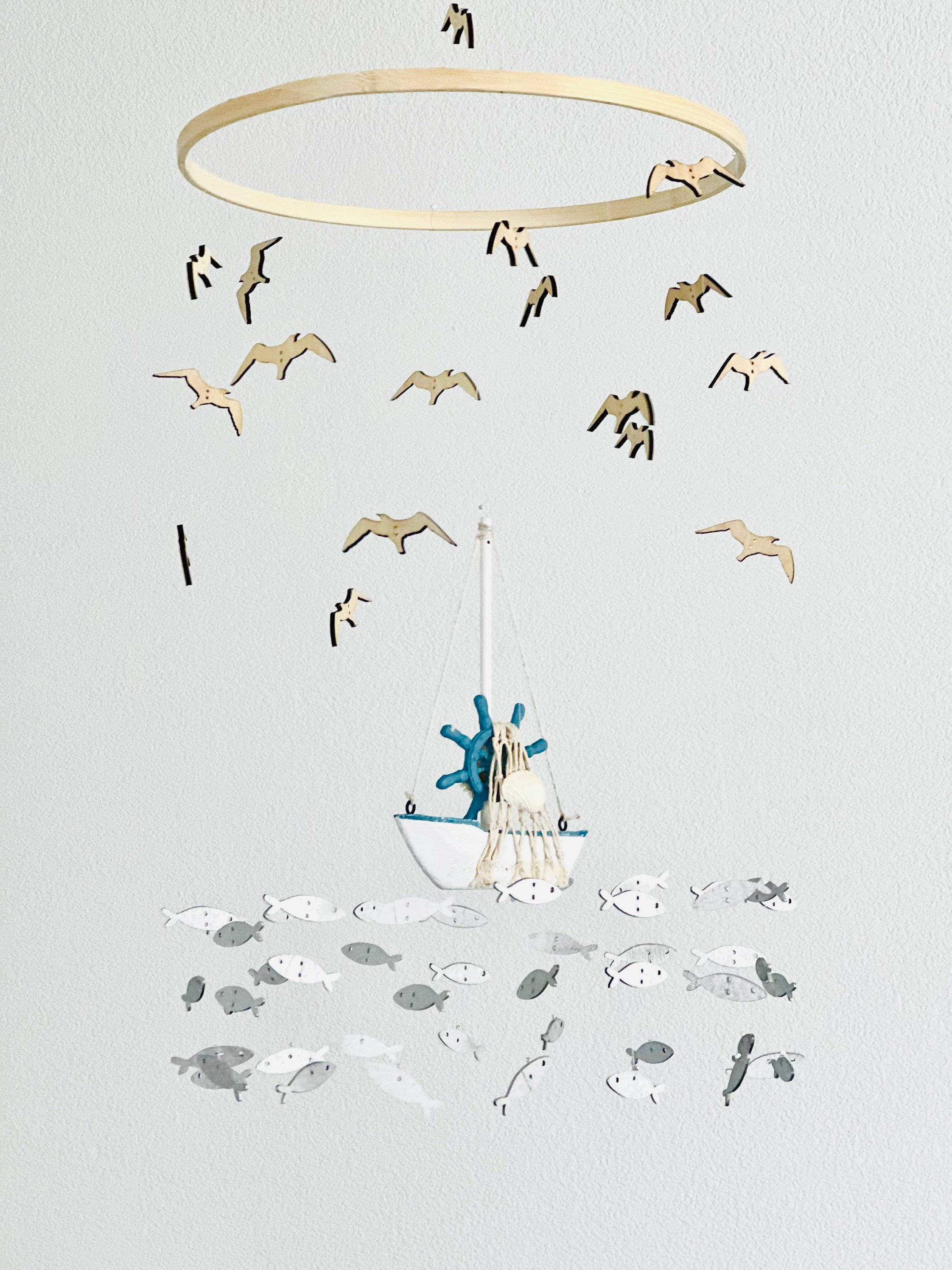 Fishing baby mobile, marine crib mobile nursery, boat fish bird baby toddler mobile, modern minimalist mobile, gender neutral mobile