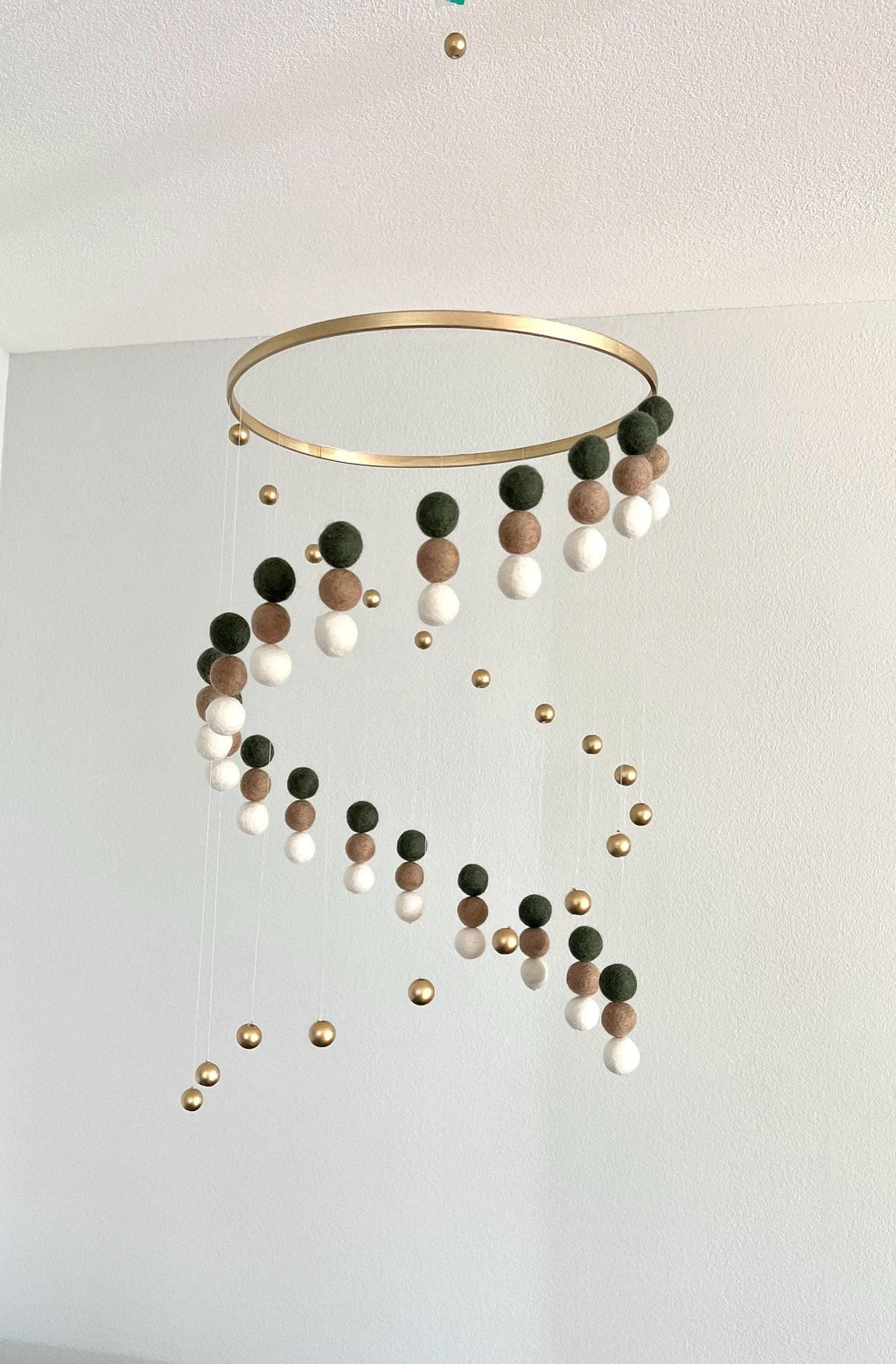 Gold balls and felt wool ball mobile, pom pom mobile, felt pom pom mobile, spinning mobile, minimalist mobile, boho nursery decor