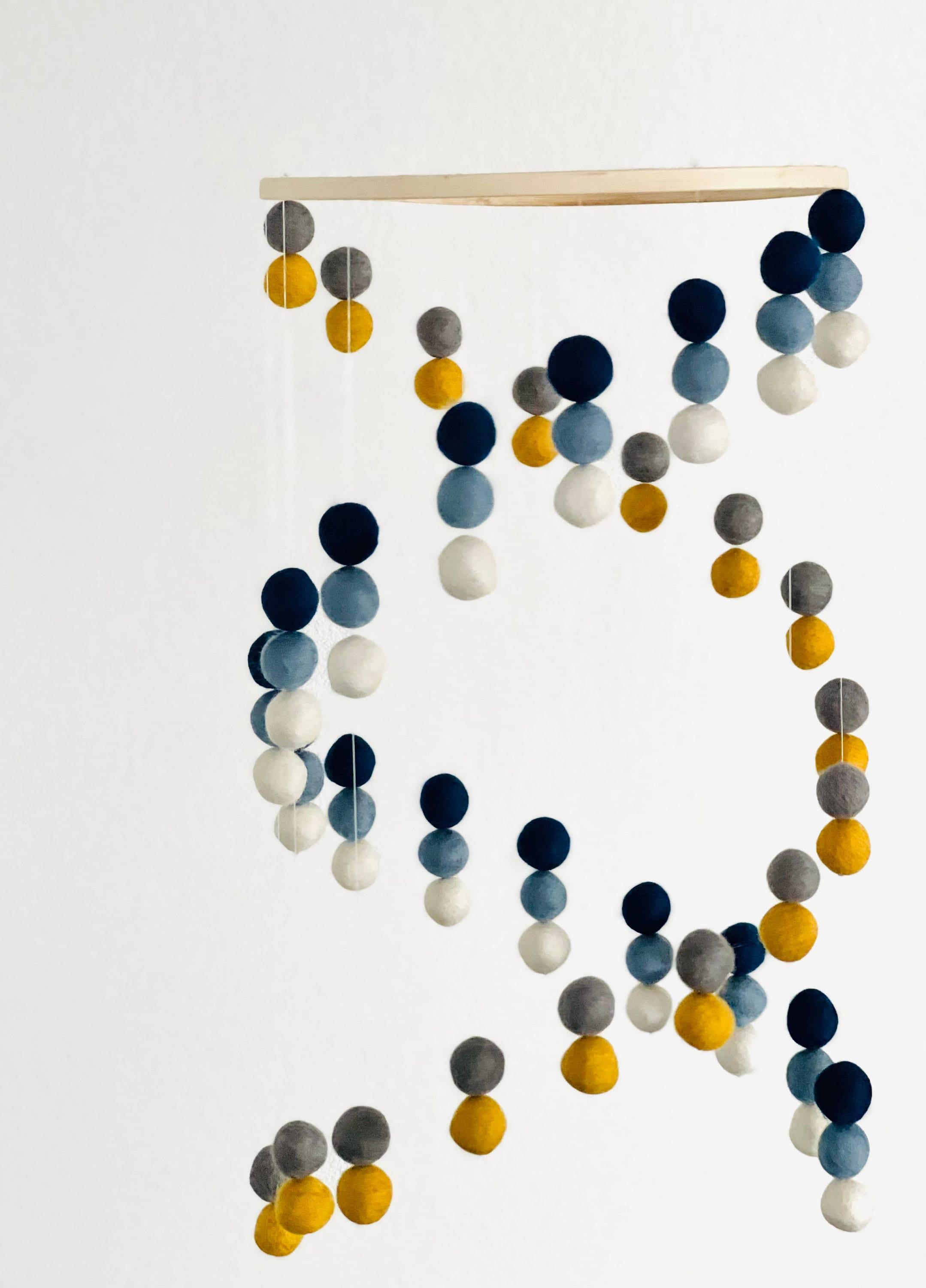 Felt wool ball mobile, pom pom mobile, felt pom pom mobile, navy felt ball mobile, baby girl mobile, minimalist mobile, boho nursery decor