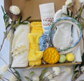 Yellow Self-Care Gift Box | Spa & Hair Accessories Set | Pearl Clip, Satin Eye Mask, Scrunchies, Bath Bombs | Relaxation Gift fo Her