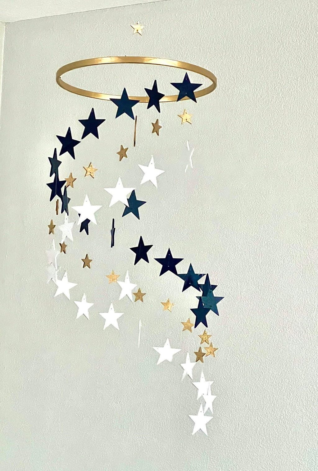 Gold and navy and white stars baby mobile, wood stars and moon mobile nursery, toddlers mobile, kids room decor, minimalist mobiles