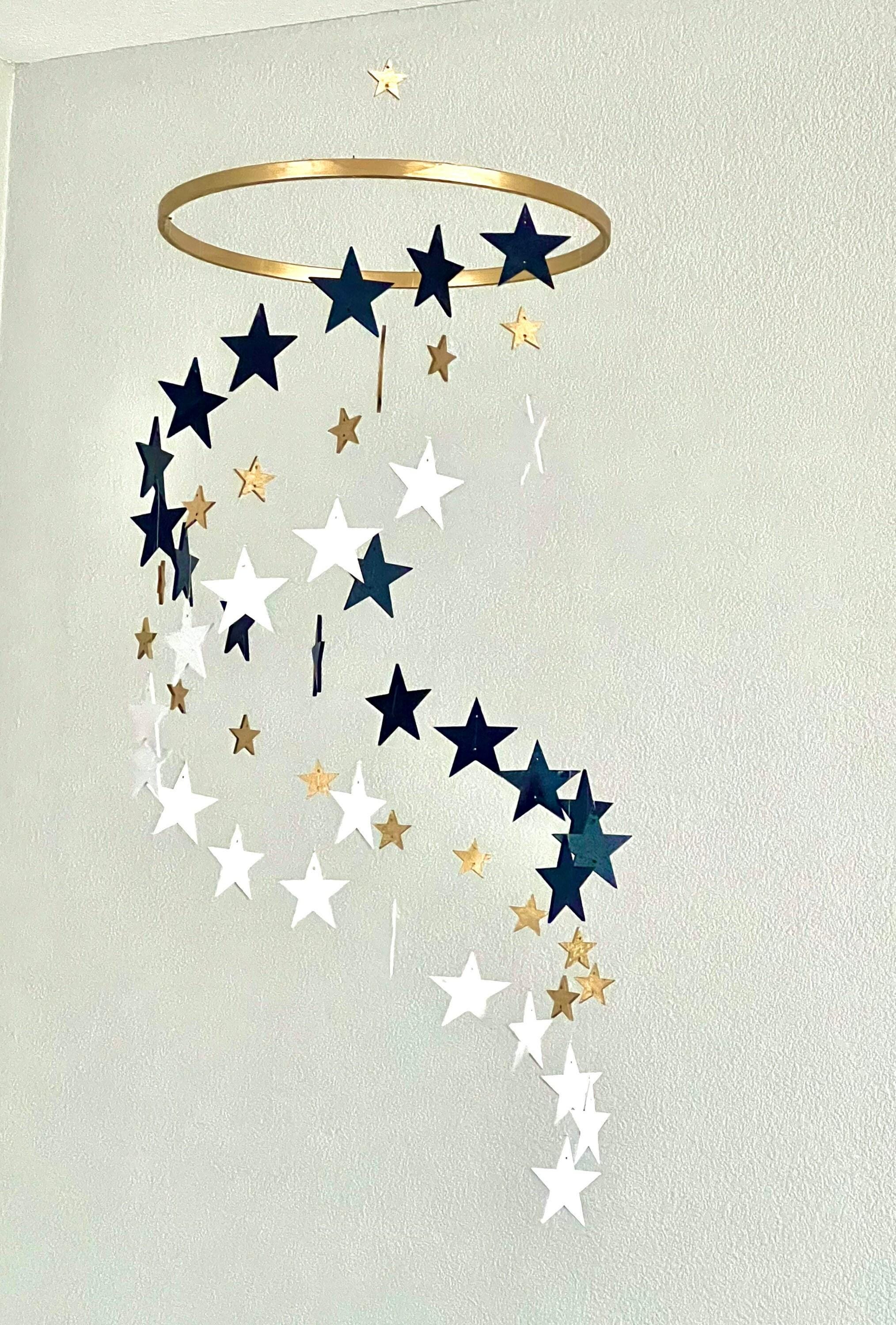Gold and navy and white stars baby mobile, wood stars and moon mobile nursery, toddlers mobile, kids room decor, minimalist mobiles