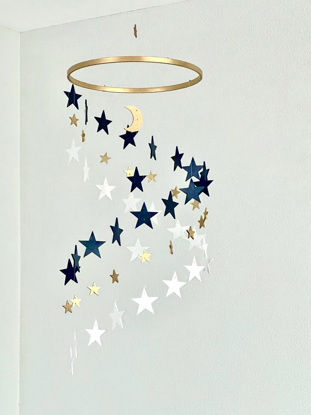 Gold and navy and white stars baby mobile, wood stars and moon mobile nursery, toddlers mobile, kids room decor, minimalist mobiles