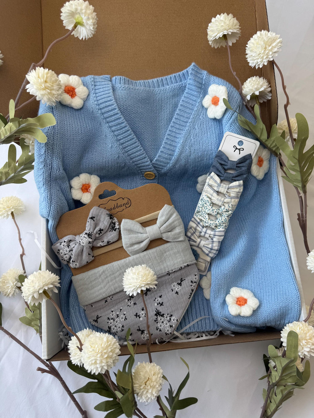 Baby Gift Box – Blue Knit Cardigan with Daisies, Headbands & Bib | Baby Shower Gift |  Outfit Set | Coming Home Gift| 9 month