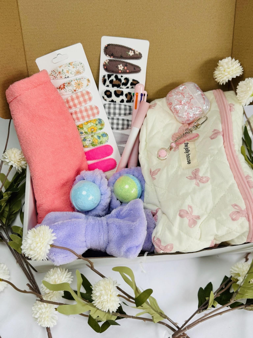 Cozy Pink and  Lavender Spa Gift Box – Bath Bombs, Hair Accessories , Travel Pouch