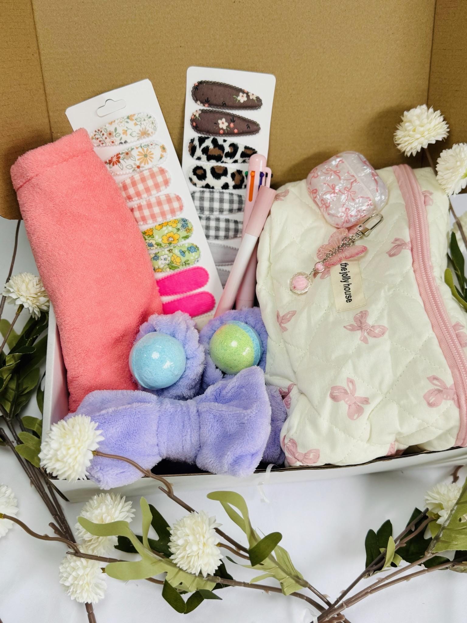 Cozy Pink and  Lavender Spa Gift Box – Bath Bombs, Hair Accessories , Travel Pouch