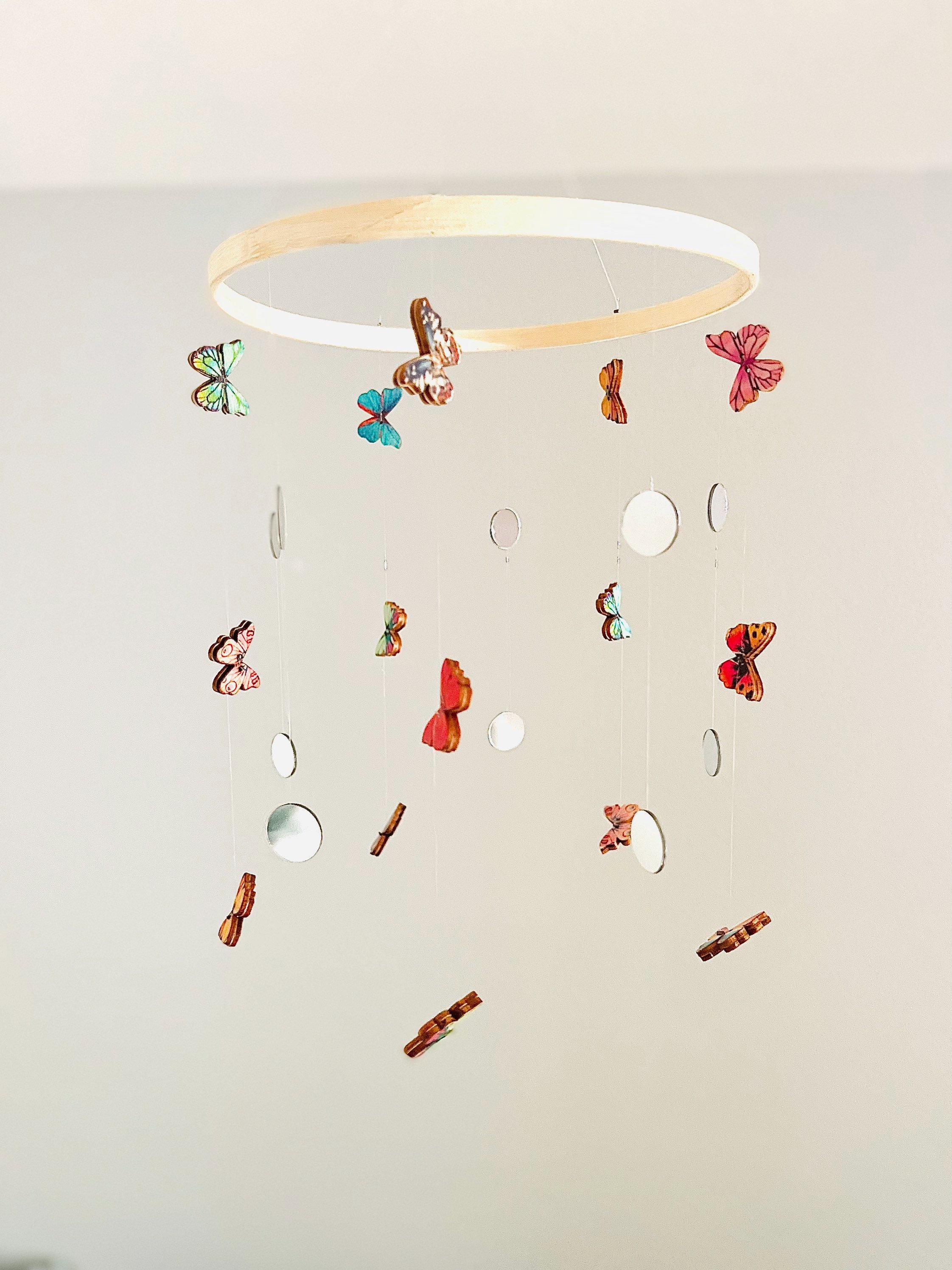 Multicolor wood butterflies and mirror circles baby mobile, nursery decorations, kids mobile, boho minimalist mobile